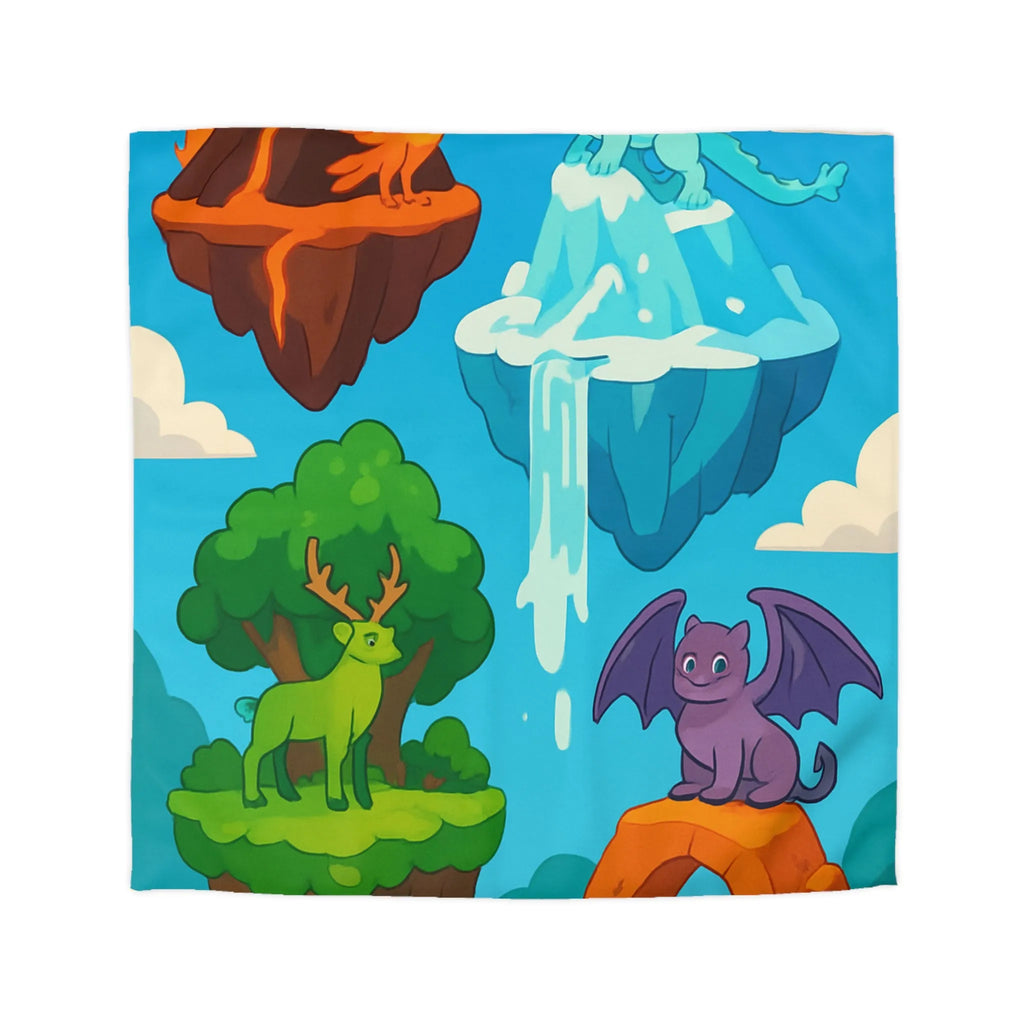 Housse de couette fantasy avec îles flottantes et créatures magiques colorées