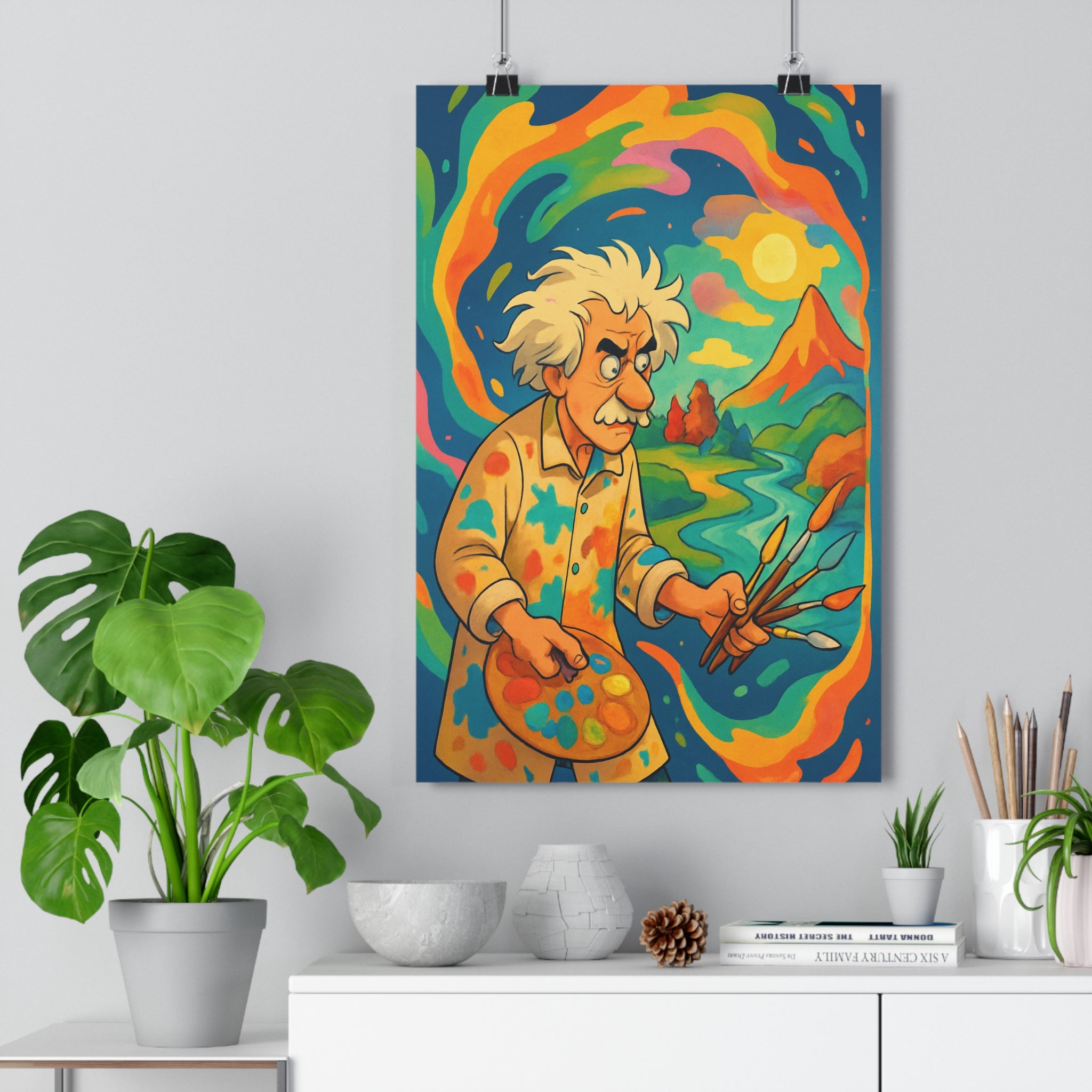 Poster décoratif fantaisiste coloré bleu orange vert animé joyeux salon chambre bureau paysage rêveur