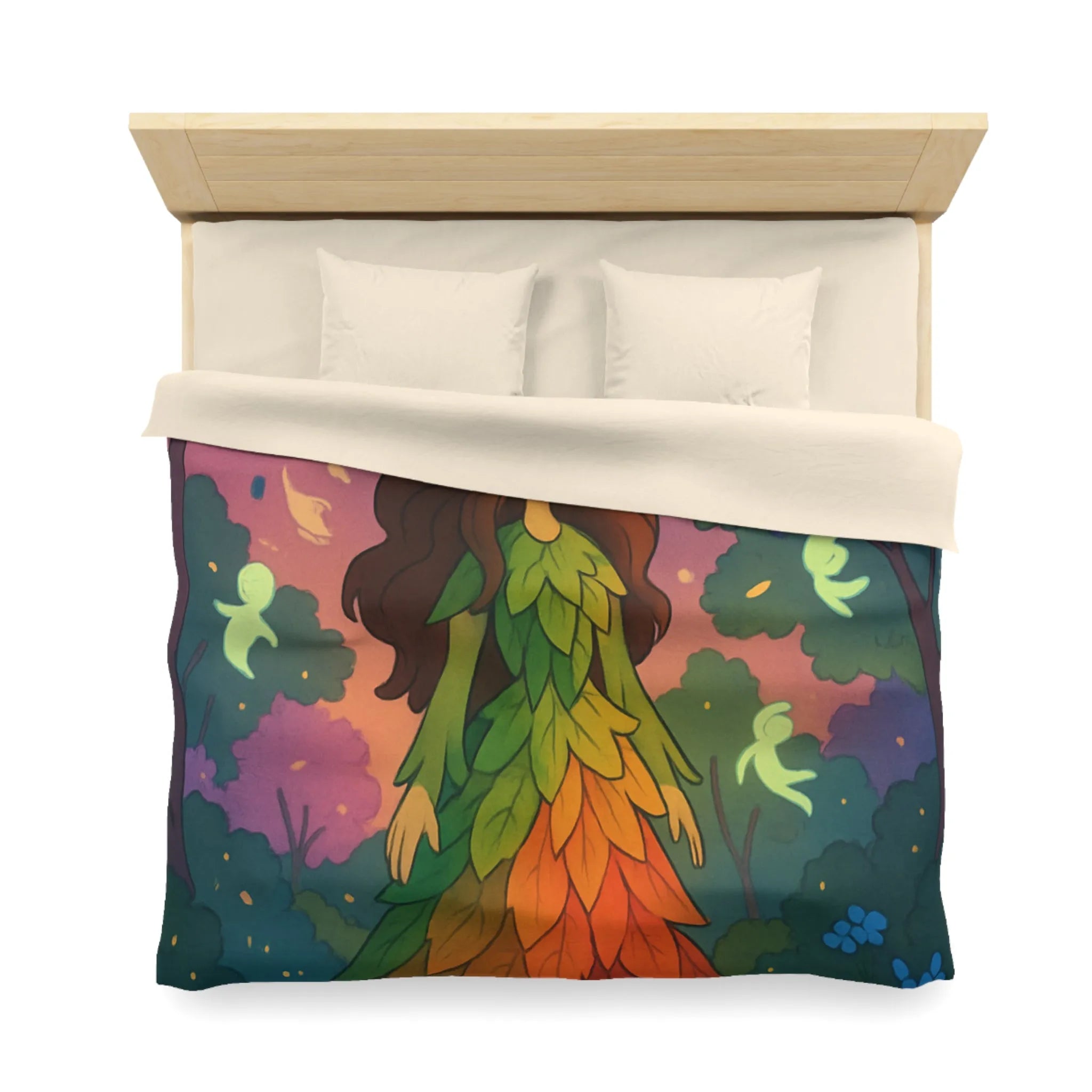 Housse de couette féerique forêt avec créatures lumineuses, design feuilles arc-en-ciel enchanteur