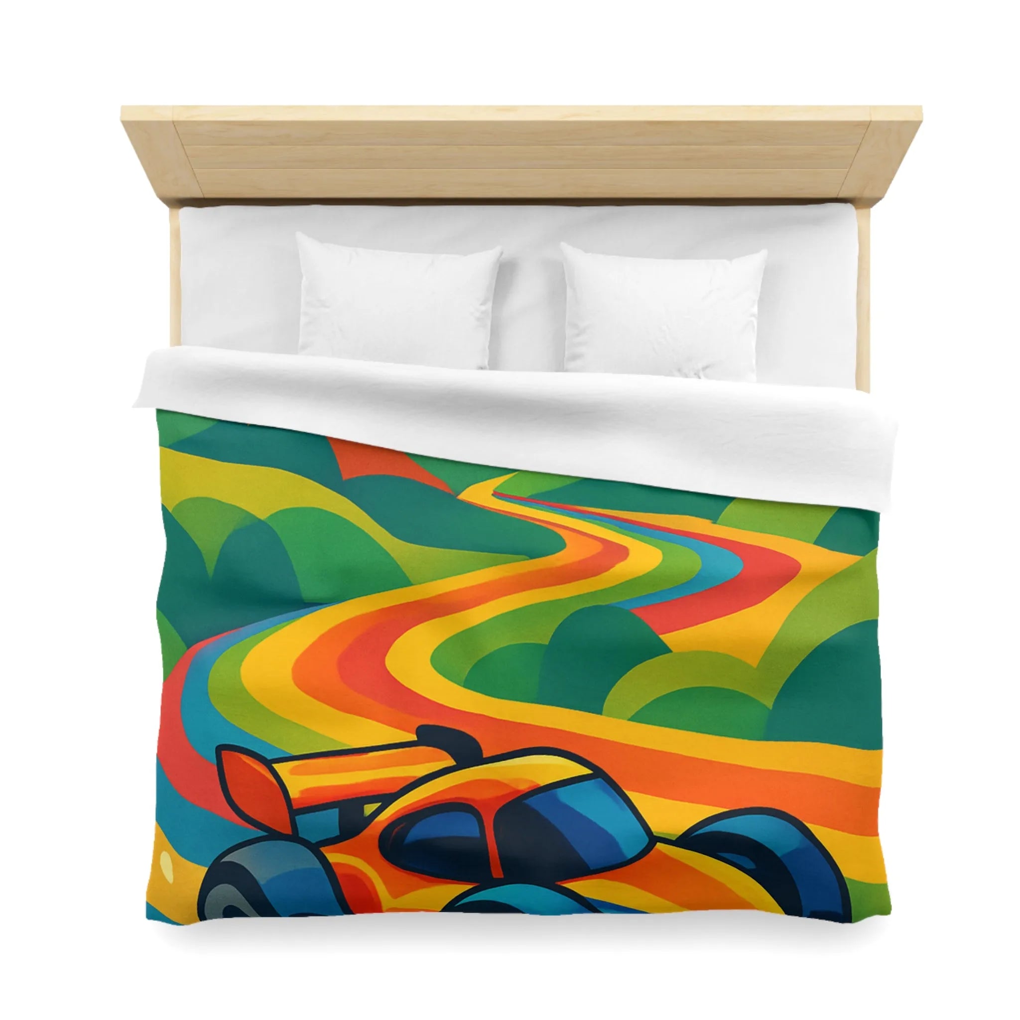 Housse de Couette Colorée avec Voiture de Course et Collines Arc-en-ciel Ensoleillées