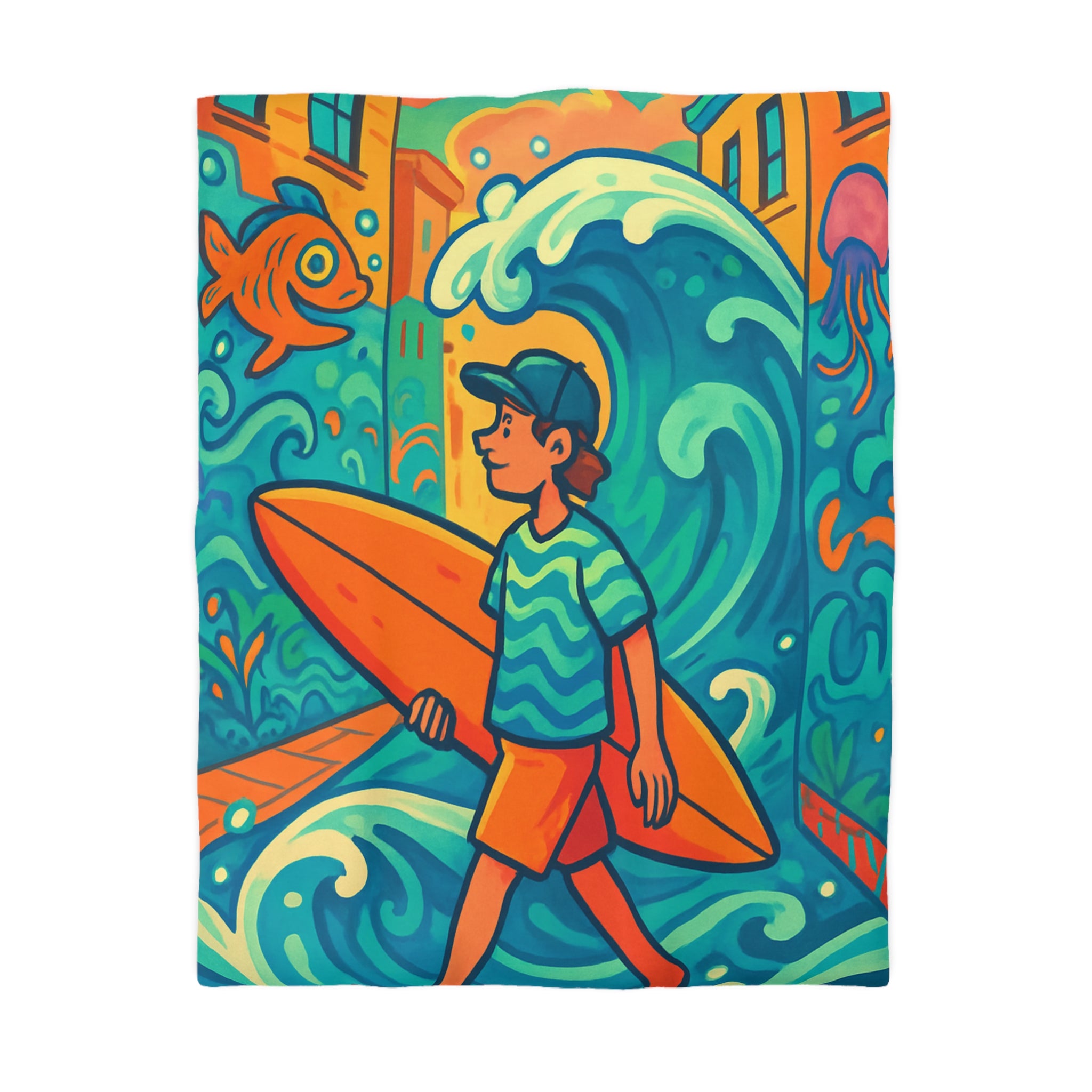 Housse de Couette Vibrante pour Surfeurs Mélangeant Art Surréaliste et Exploration Urbaine