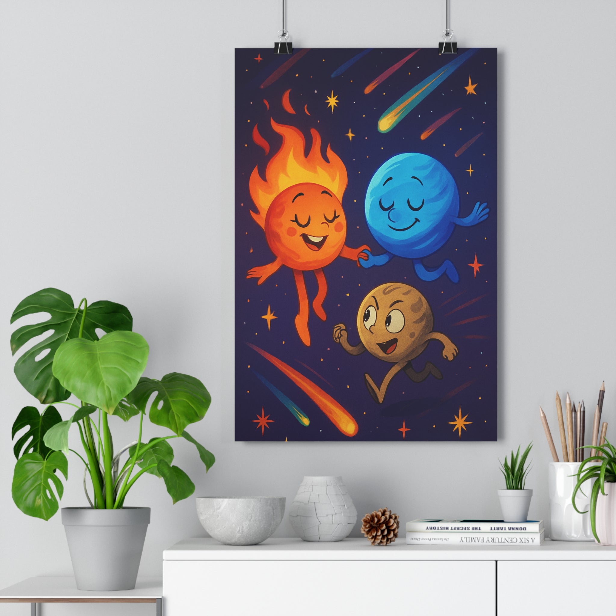 Poster décoratif ludique Solaire bleu orange marron enfant créatif chambre espace féerique 30x46 cm