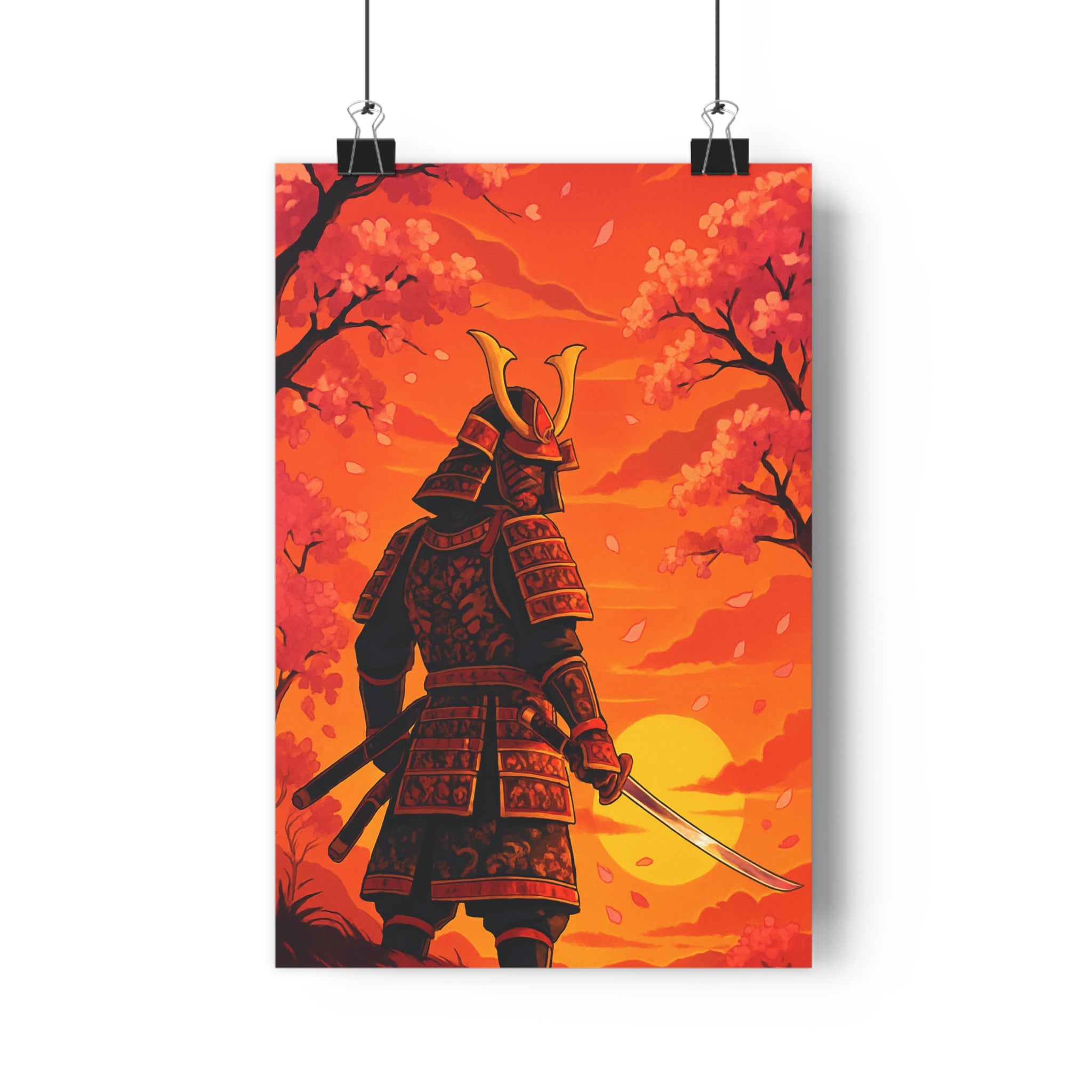 Poster décoratif anime historique samouraï crépuscule armure orangé cerisier pétales ambiance mystique bureau chambre