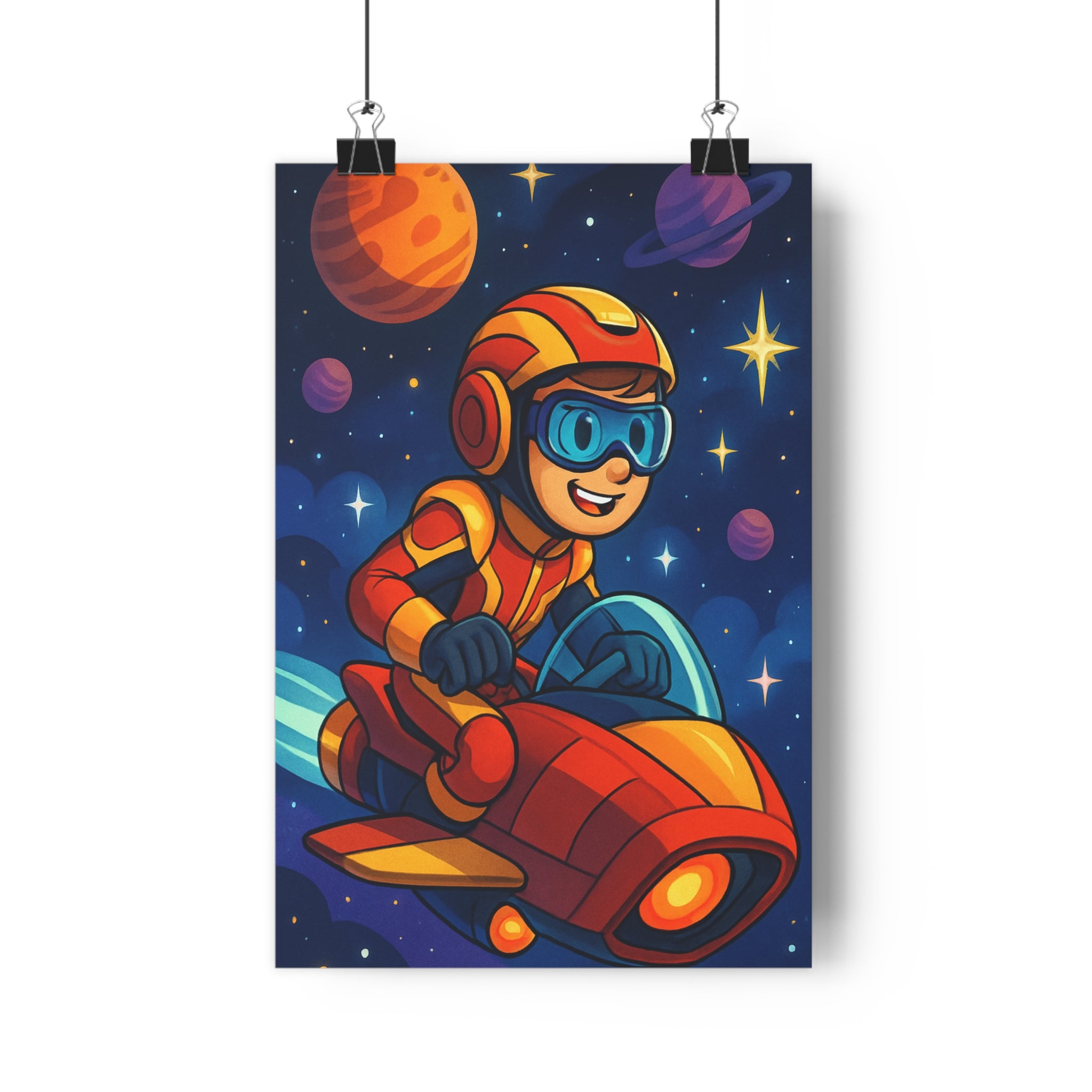 Poster décoratif cartoon orange rouge aventure espace enfant chambre sciencefiction joyeux coloré moderne stylé