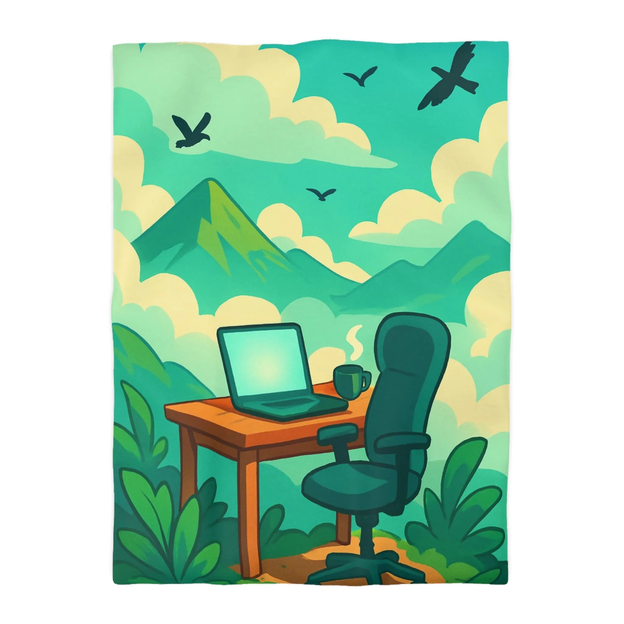 Housse de couette avec paysage de montagne, nature verdoyante, bureau et ciel serein