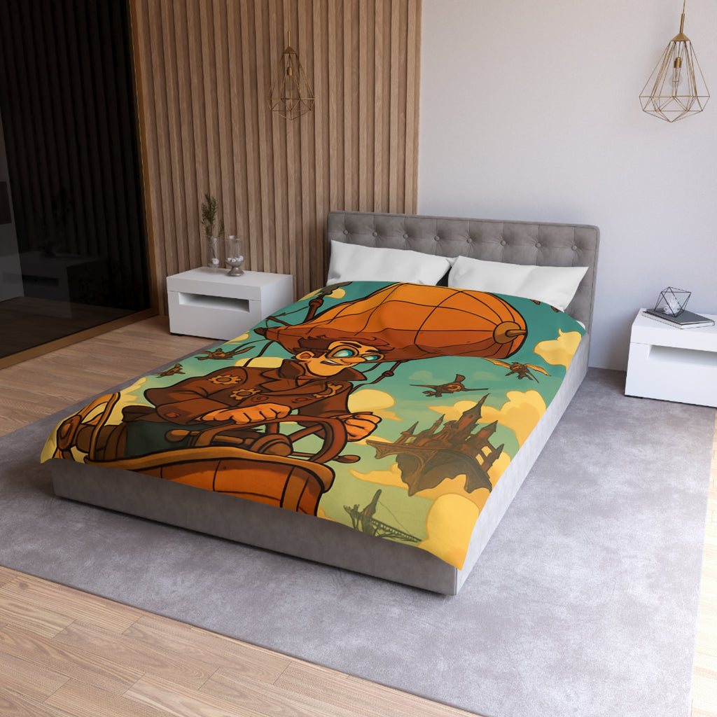 Housse de Couette Steampunk avec Ballon Dirigeable et Cité Volante dans le Ciel