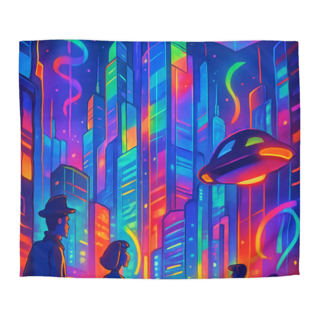 Housse de Couette Colorée Scène Urbaine Futuriste avec Illusions d'Optique Dynamiques et Vives