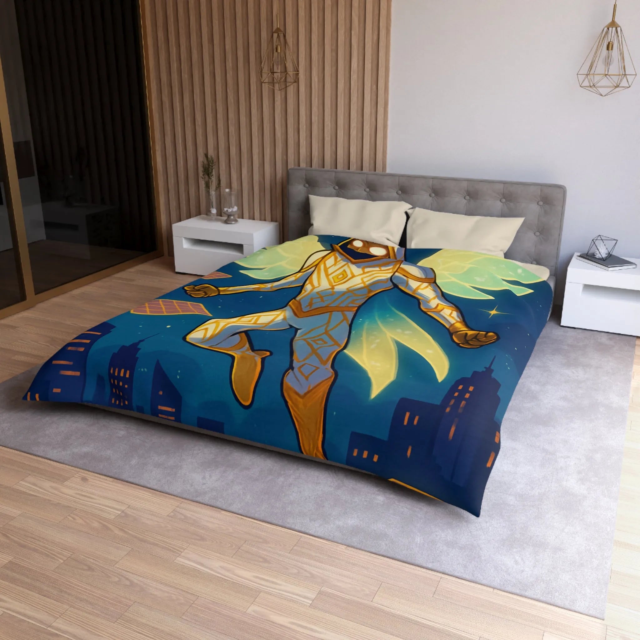 Housse de couette avec héros ailé lumineux sur ciel étoilé et ville futuriste
