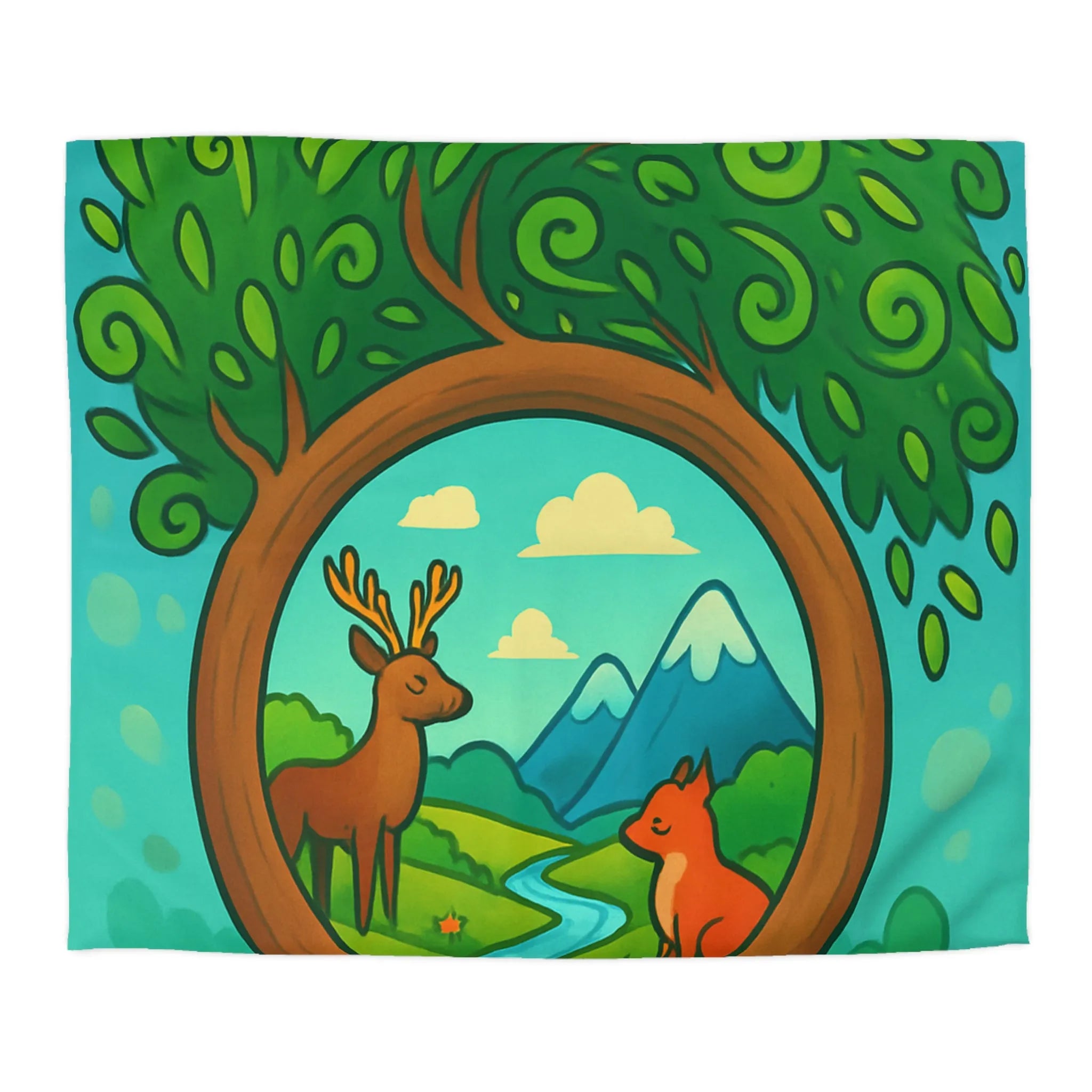Housse de couette forêt magique avec cerf et renard, design nature peint à la main