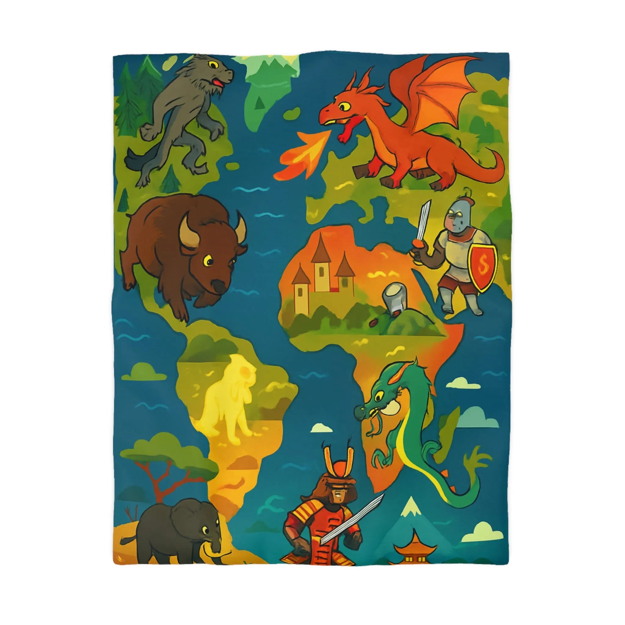 Housse de couette épique avec dragons, samouraïs et créatures légendaires au style coloré.