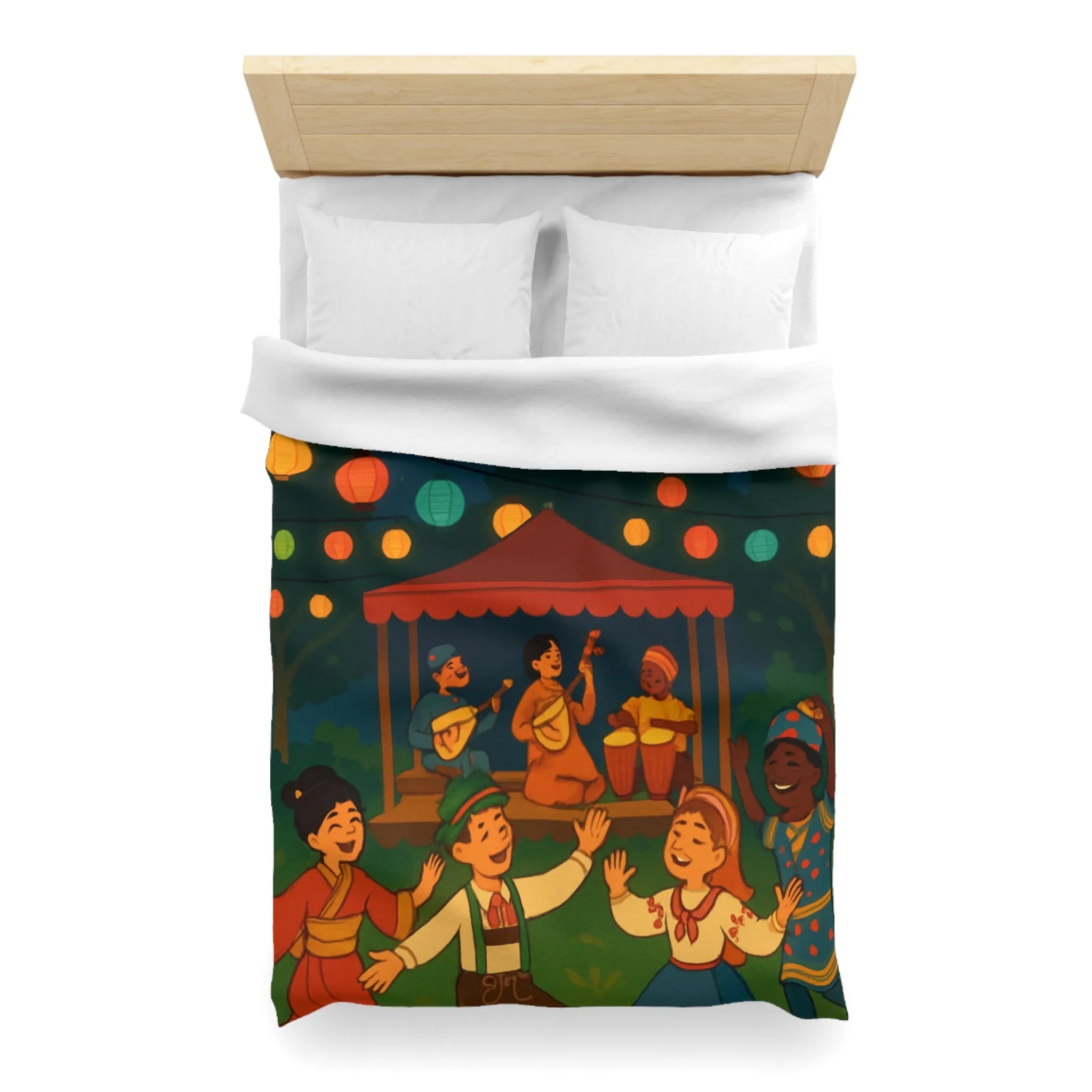 Housse de Couette Enfant Festive avec Lanternes Colorées et Scène de Musique en Plein Air