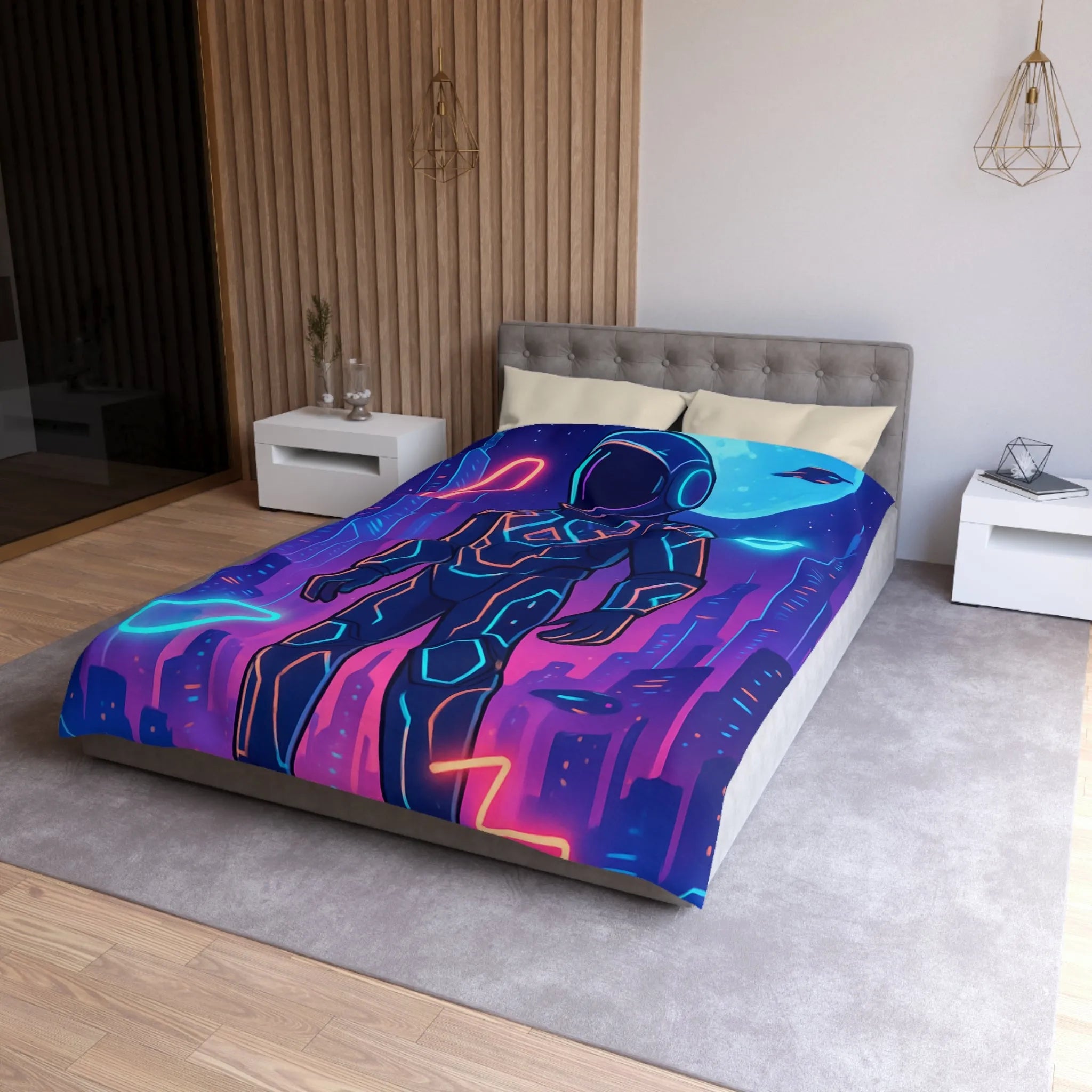 Housse de couette avec astronaute néon, skyline futuriste et vaisseaux spatiaux