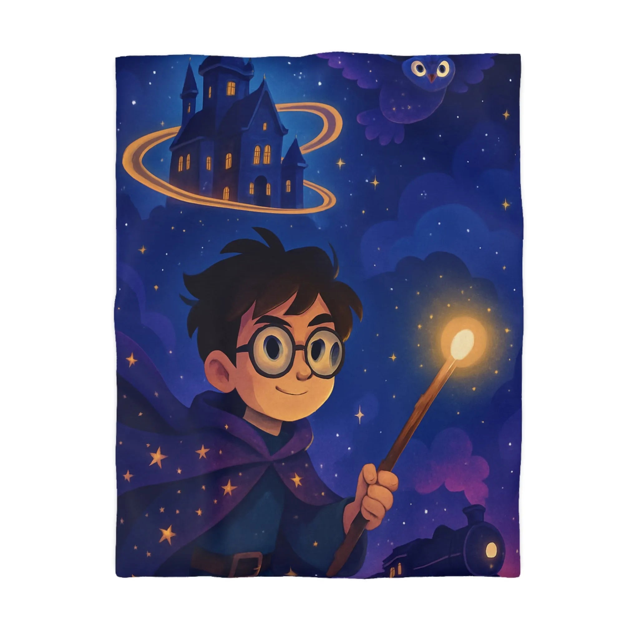Housse de couette magique bleu nuit avec château, hibou et train enchanté