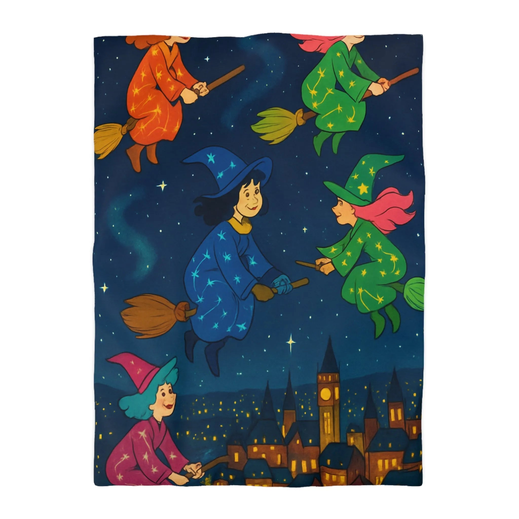 "Housse de Couette Féérique avec Sorcières Volant dans le Ciel Étoilé au-dessus de la Ville"
