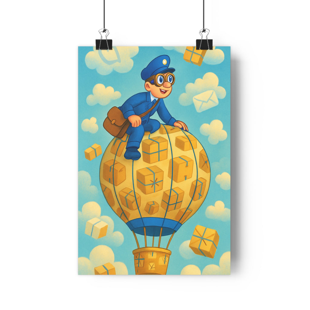 Poster décoratif aventure aérienne bleu jaune chambre enfant joyeux moderne ludique ballon nuages montgolfière
