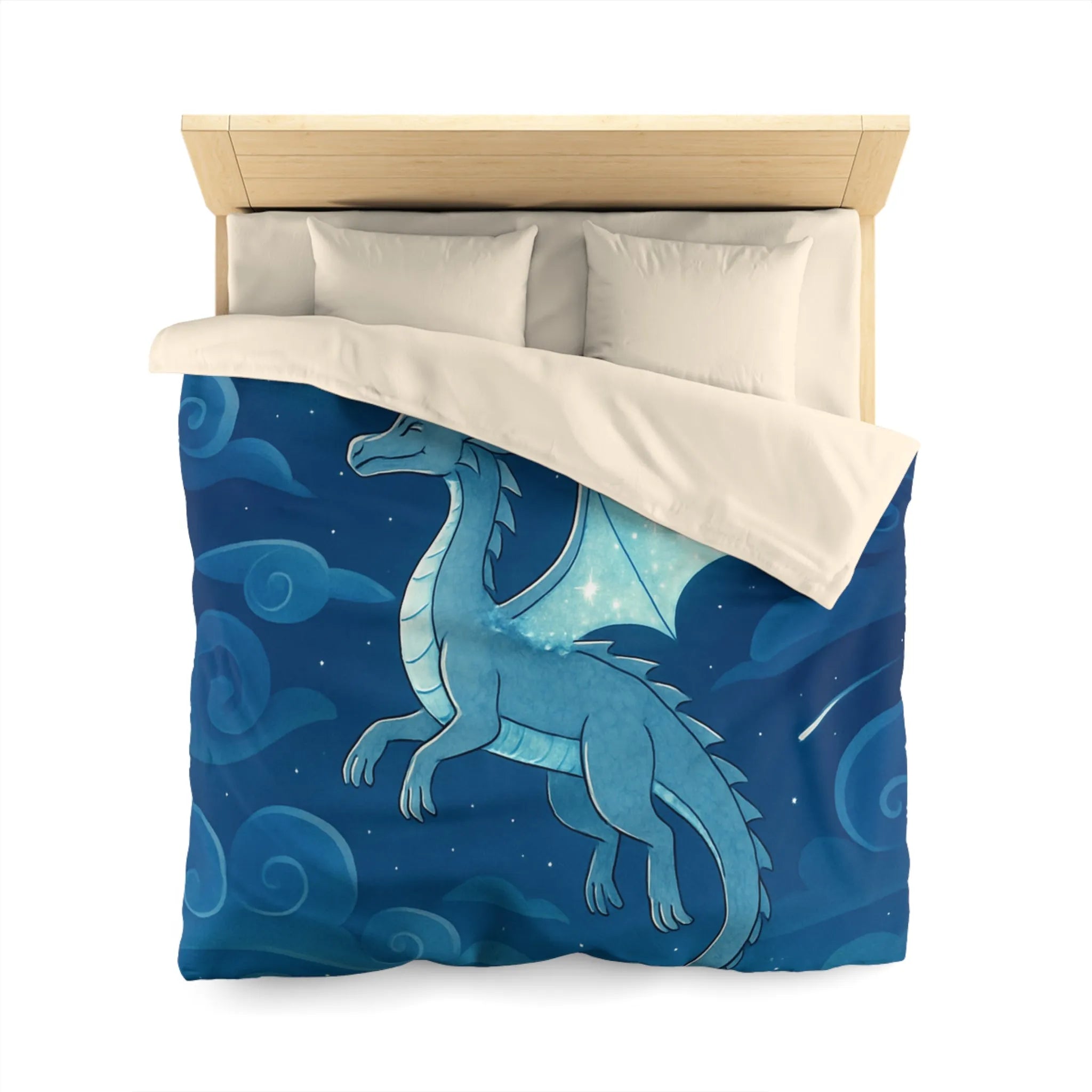Housse de couette avec dragon bleu étincelant volant sous lune et étoiles scintillantes
