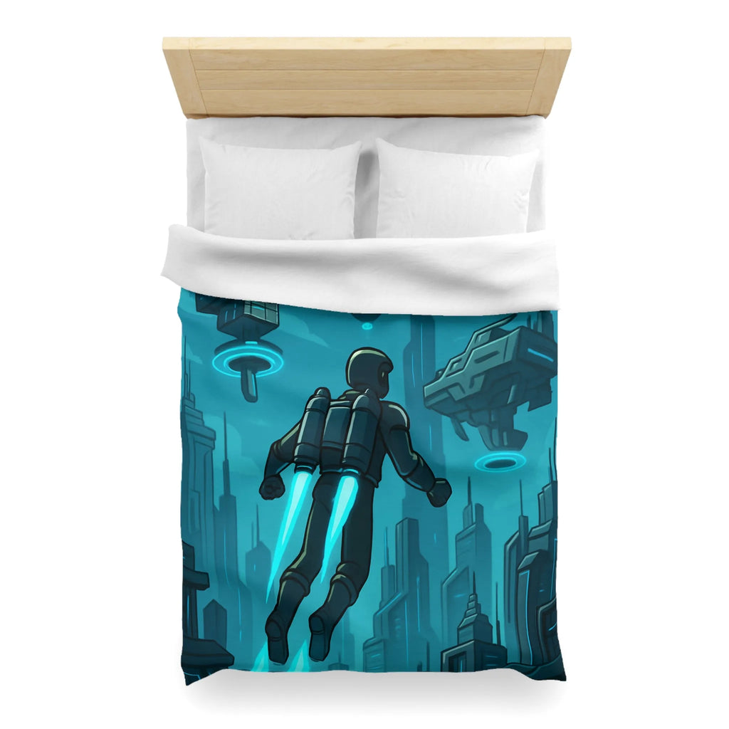 Housse de Couette Futuriste avec Ville Céleste et Homme en Jetpack Néon Bleu