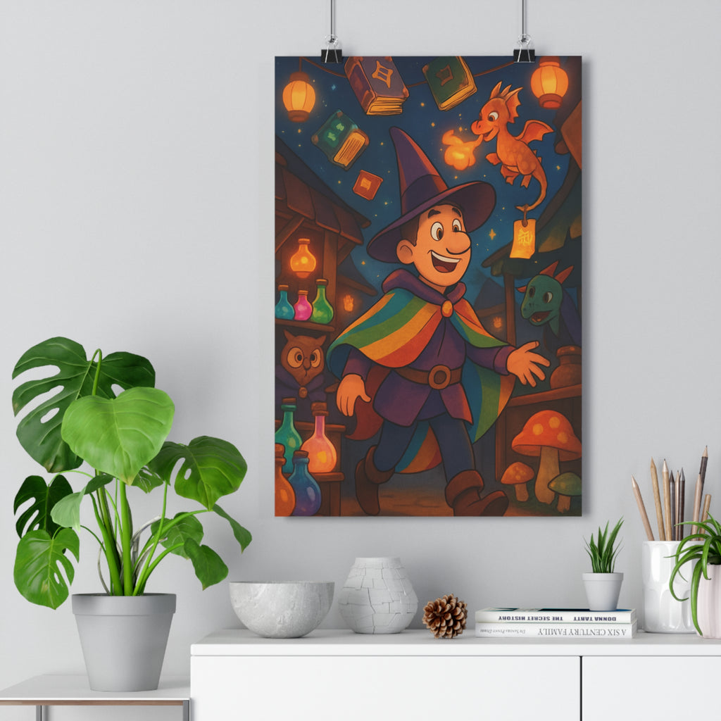 Poster décoratif féérique coloré joyeux magique sorcier dragon enfant chambre salon ciel étoilé flottant