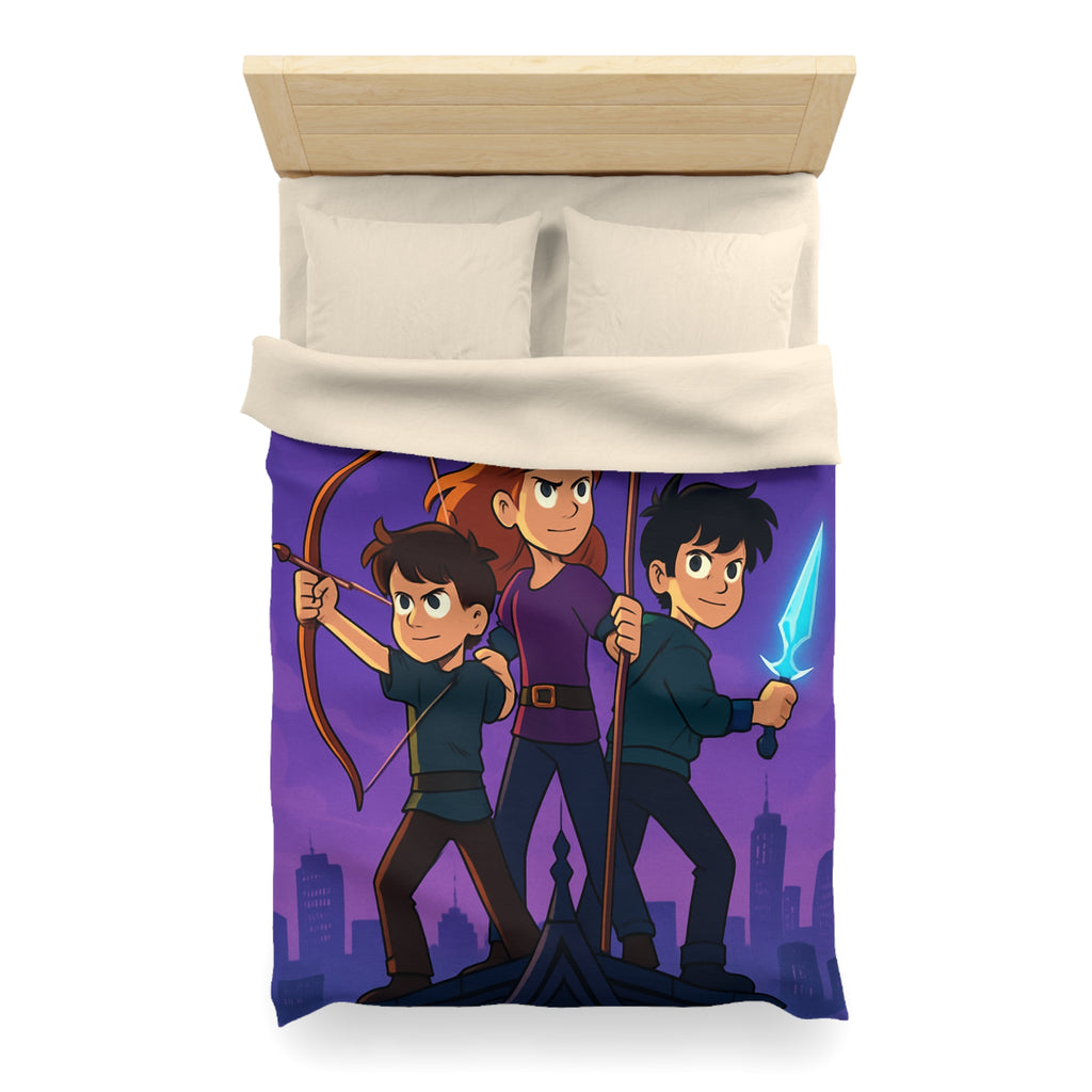 Housse de couette urbaine illustrée, ambiance aventure mystique avec enfants et armes