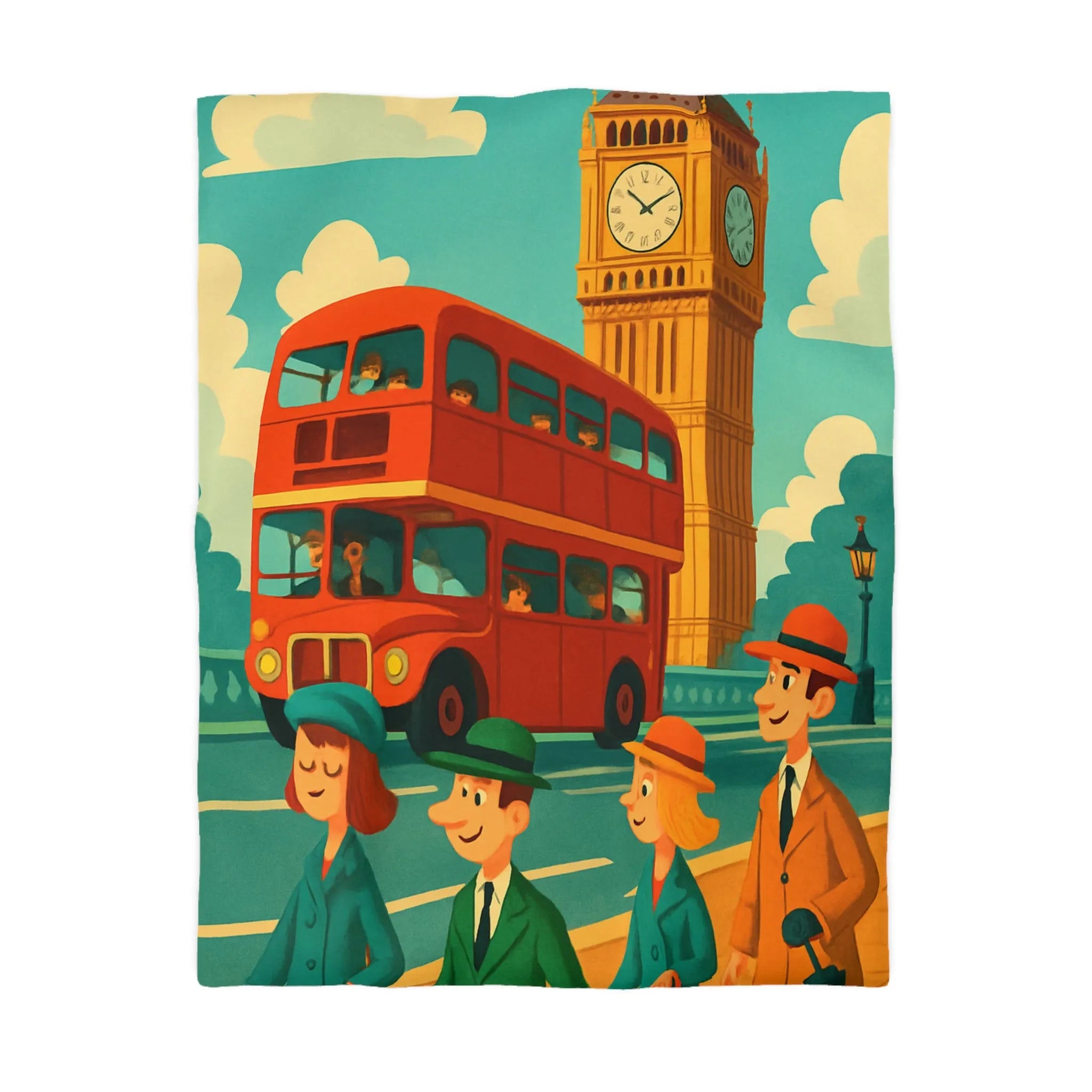 Housse de couette colorée vintage avec bus à impériale et Big Ben rétro