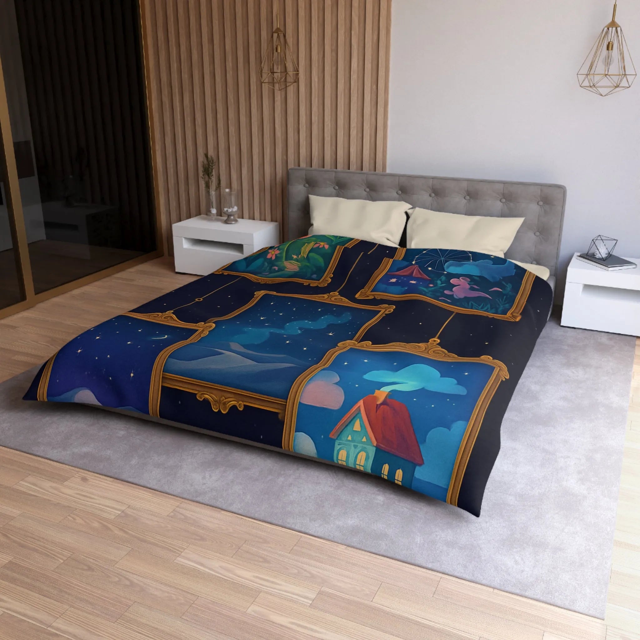 Housse de Couette Artistique avec Paysages de Nuit Étoilée et Fleuri Onirique