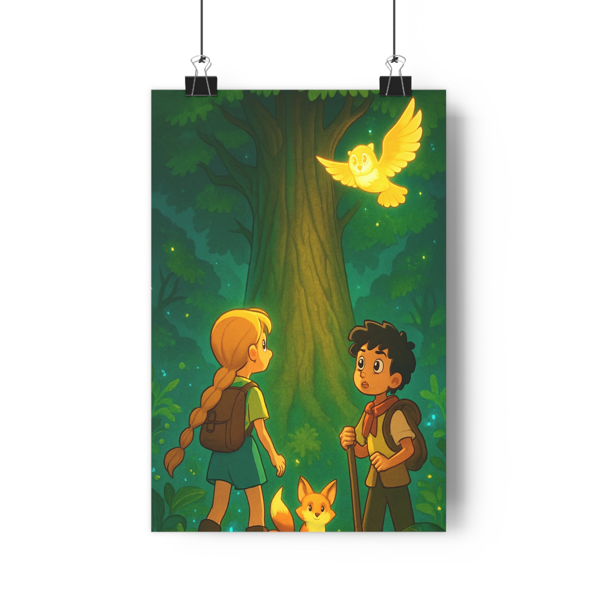 Poster décoratif dessin animé vert doré aventure mystique enfant chambre forêt magique 30x46 cm
