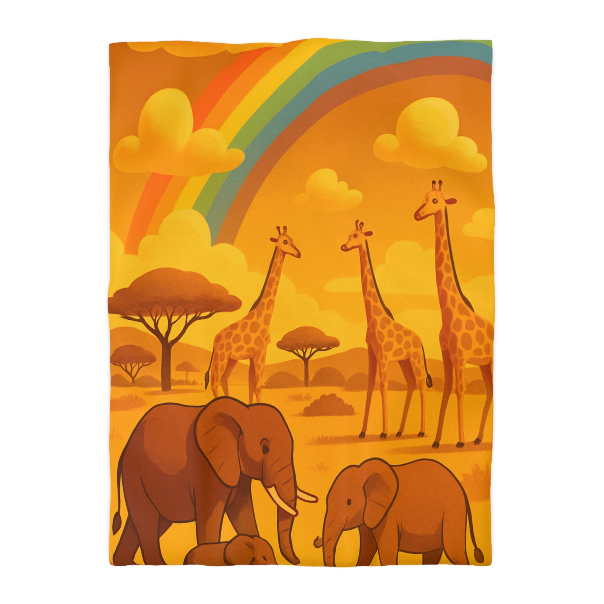 Housse de couette safari enfant avec éléphants, girafes et arc-en-ciel vibrant