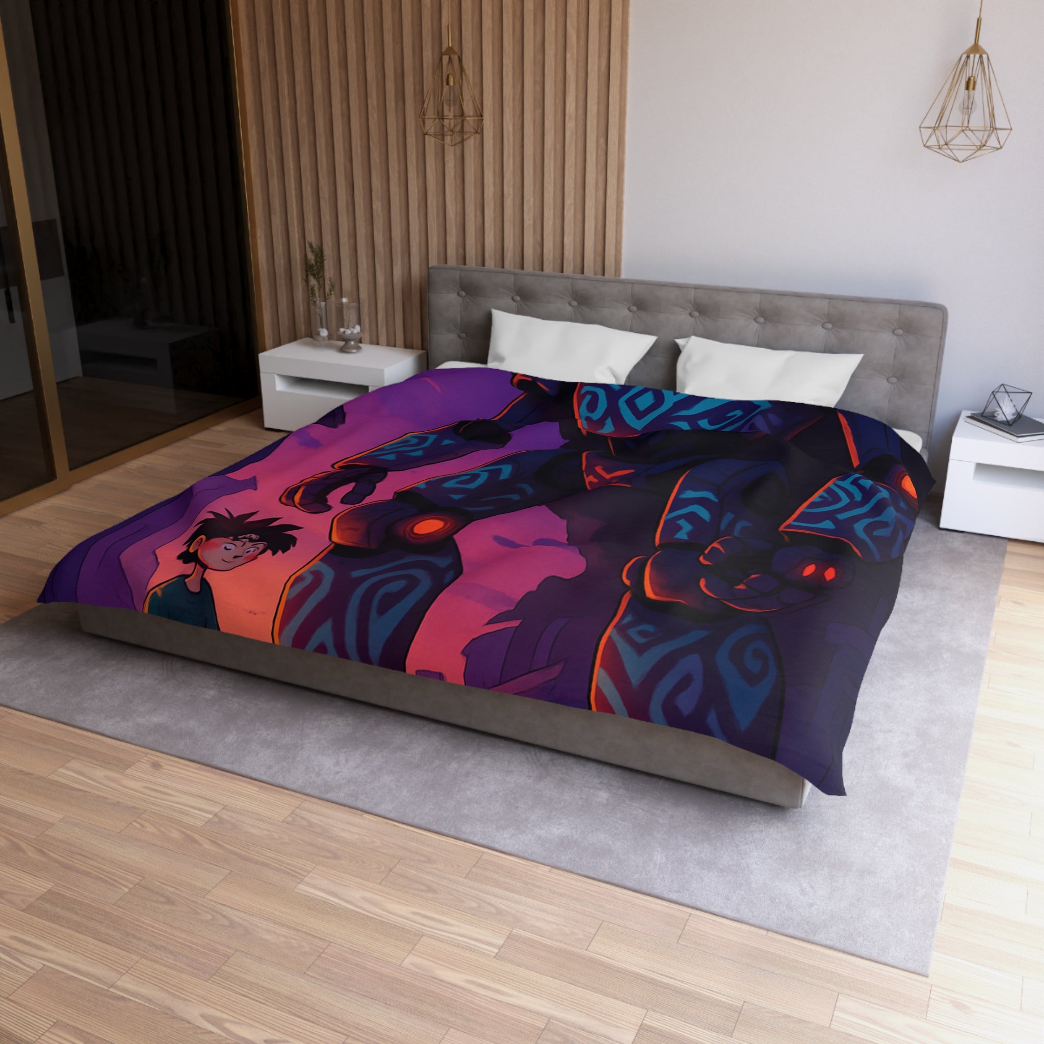 Housse de couette robot géant bleu lumineux, décor urbain vibrant et enfant émerveillé