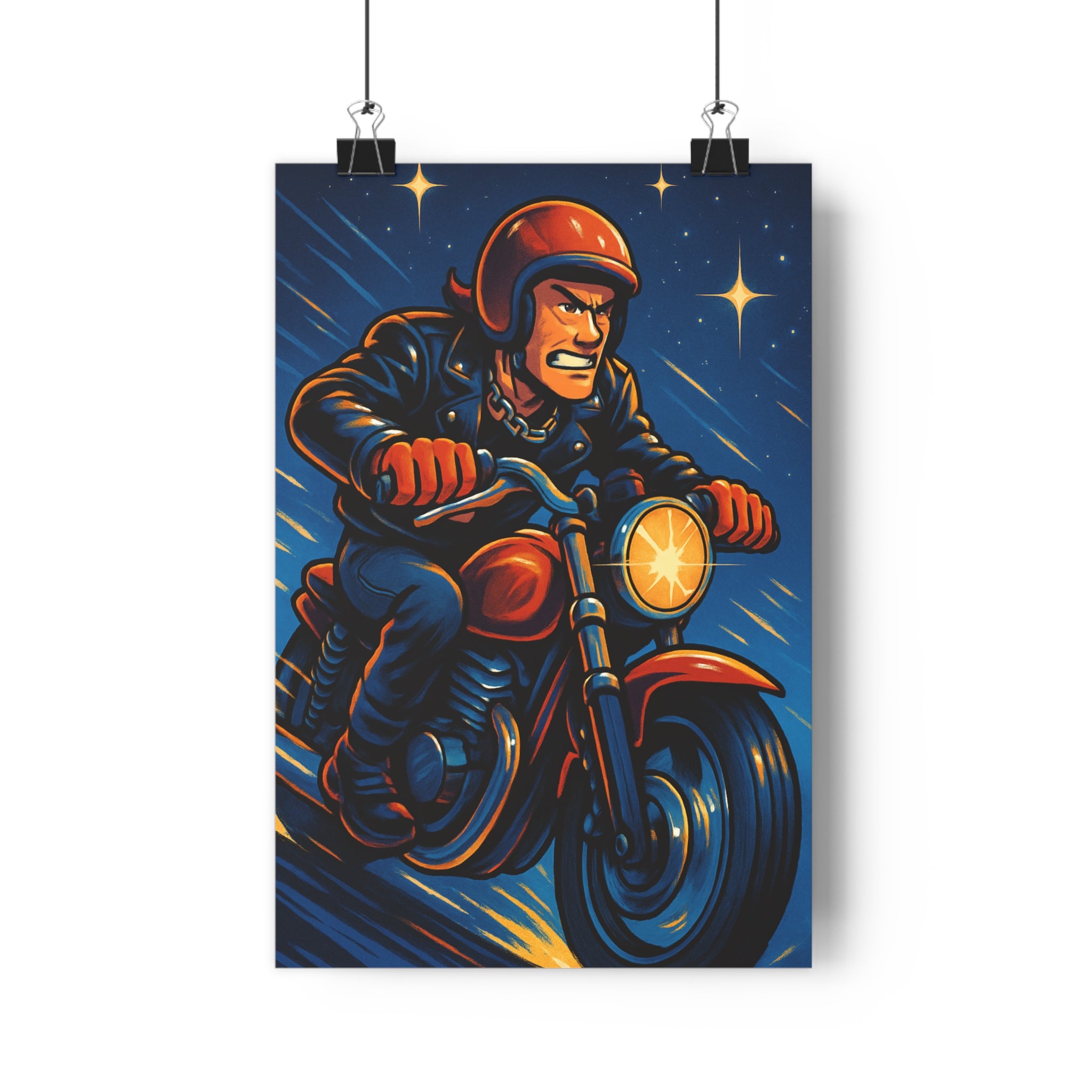 Poster décoratif audacieux motard ciel étoilé vibrant cartoon dynamique salon chambre aventure moto qualité