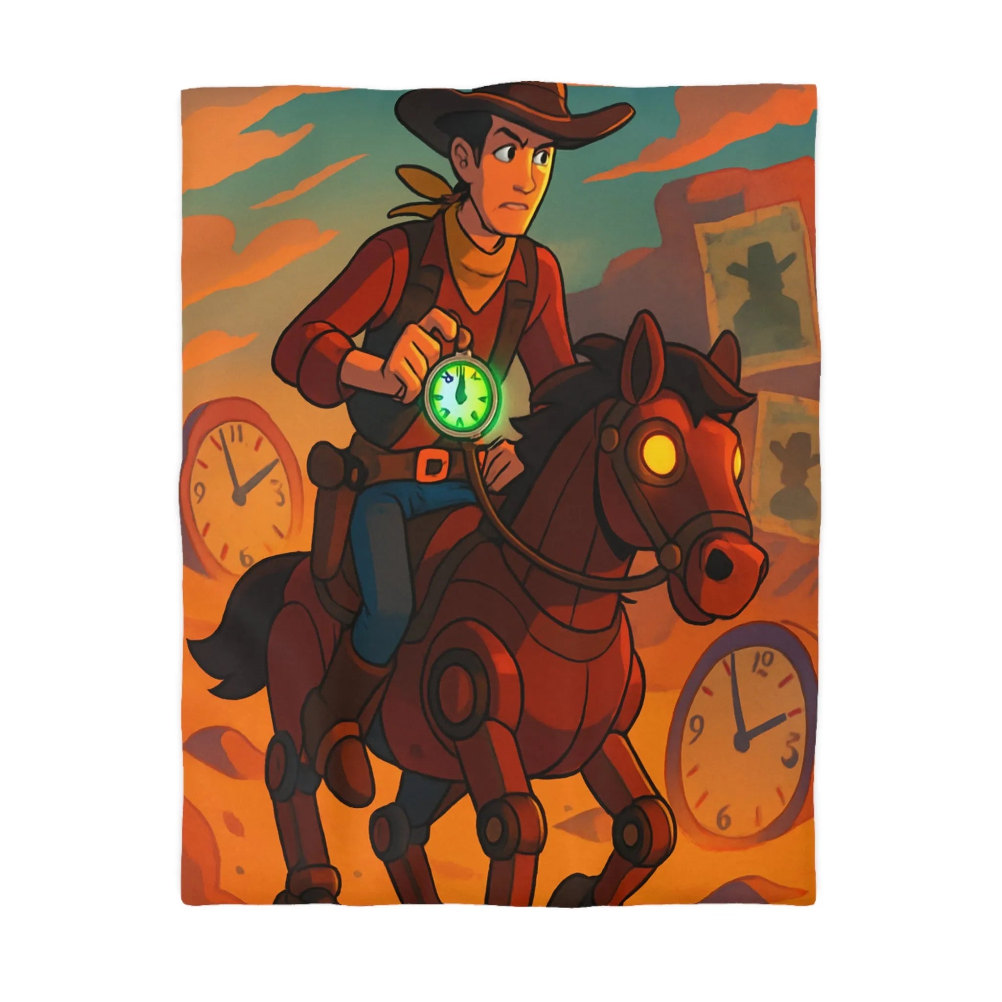 Housse de couette cowboy futuriste avec cheval mécanique et montres vintage dans désert