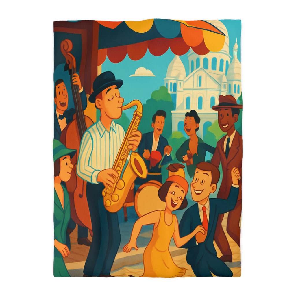 Housse de couette vintage avec scène de musique jazz animée et danse joyeuse