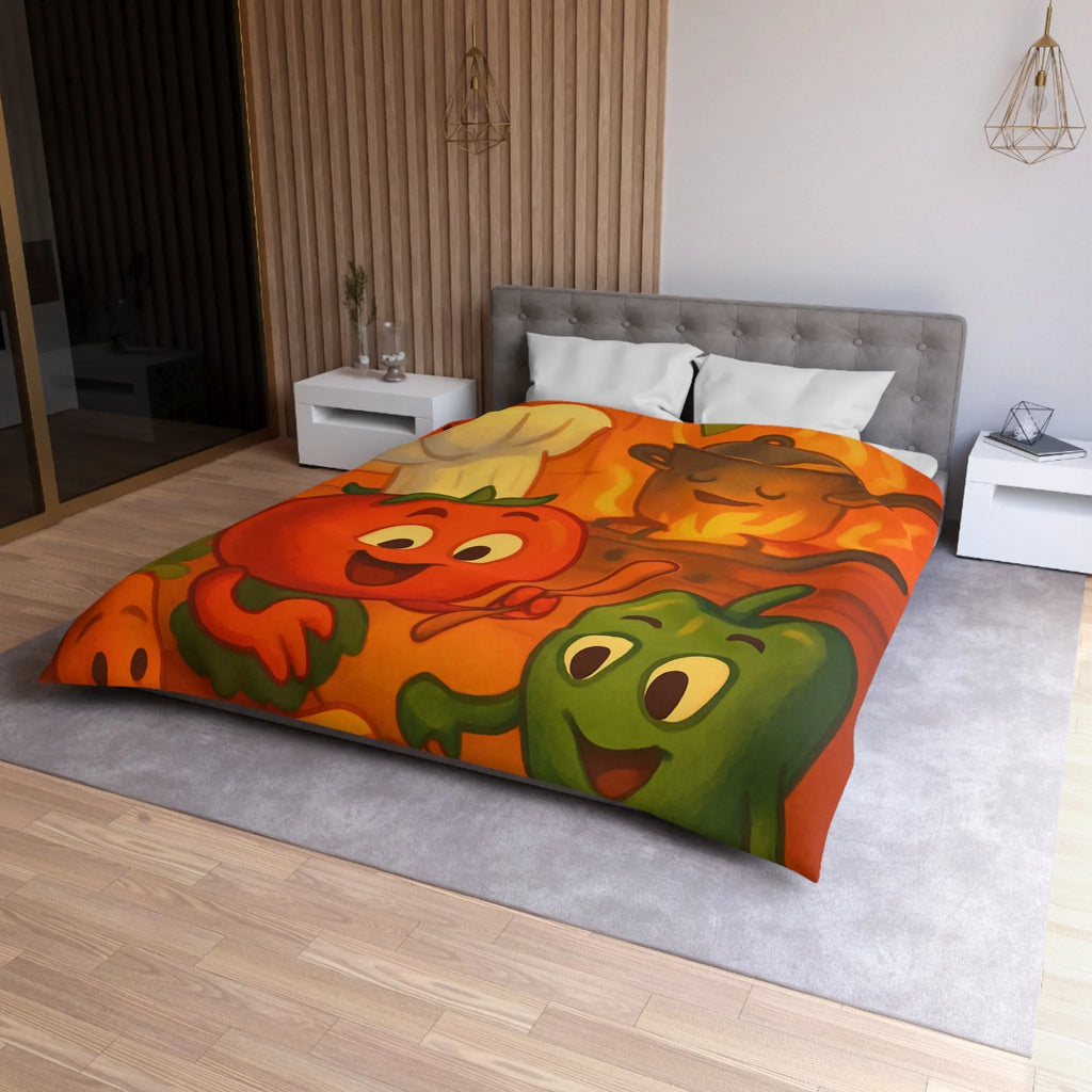 Housse de couette illustrée avec légumes adorables jouant dans une cuisine animée orangée