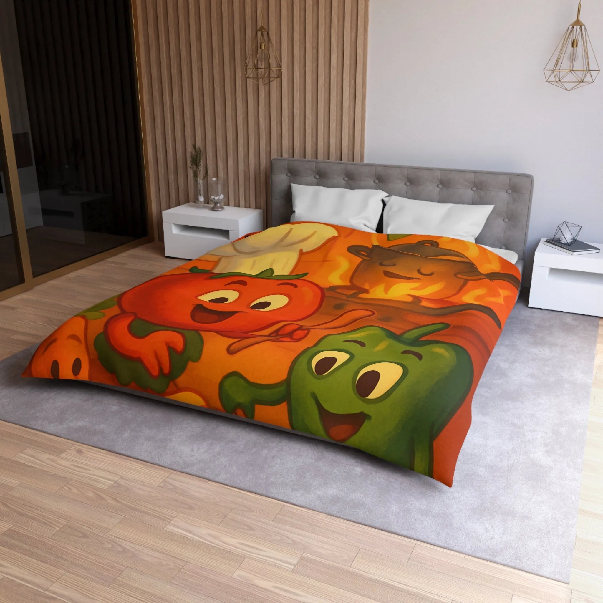 Housse de couette illustrée avec légumes adorables jouant dans une cuisine animée orangée