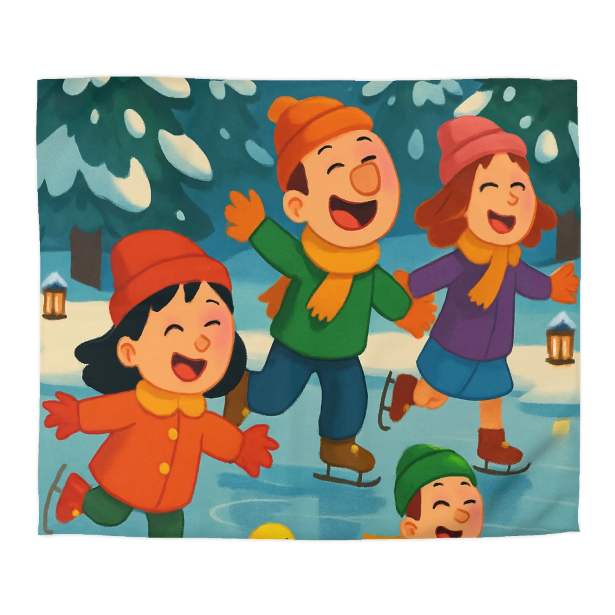 Housse de couette hiver joyeuse avec enfants et petits canards patinant sur glace