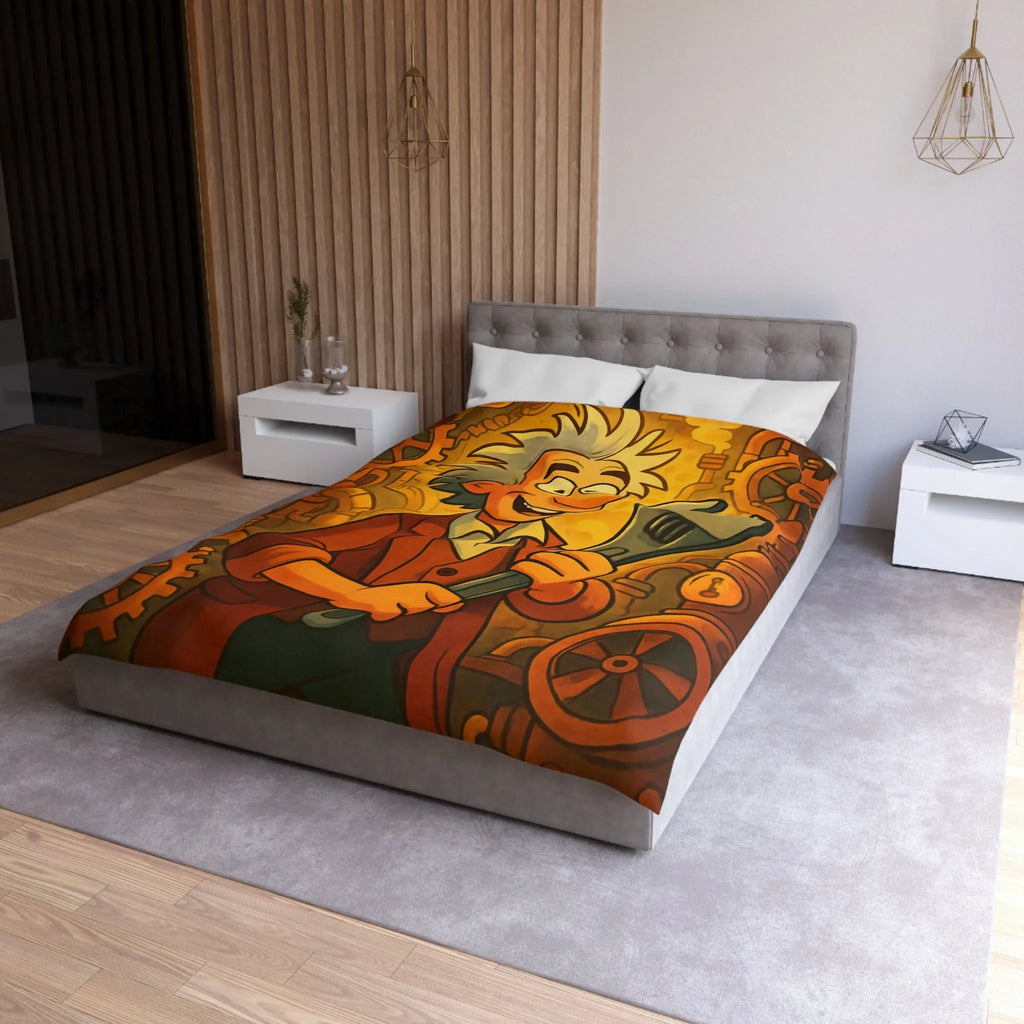 Housse de couette au style rétro avec inventeur animé dans un atelier coloré