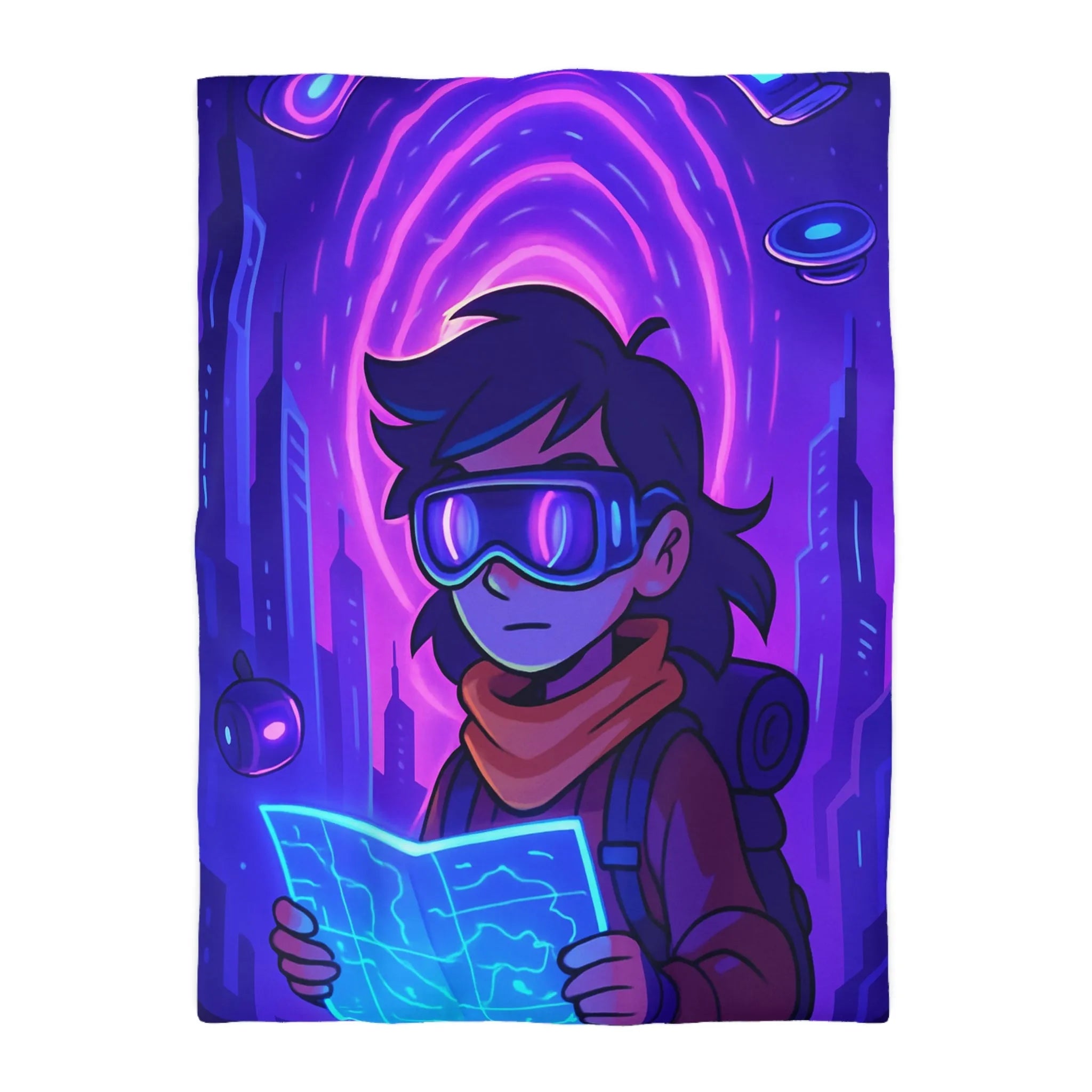 Housse de couette bleue violette style futuriste avec personnage et carte néon
