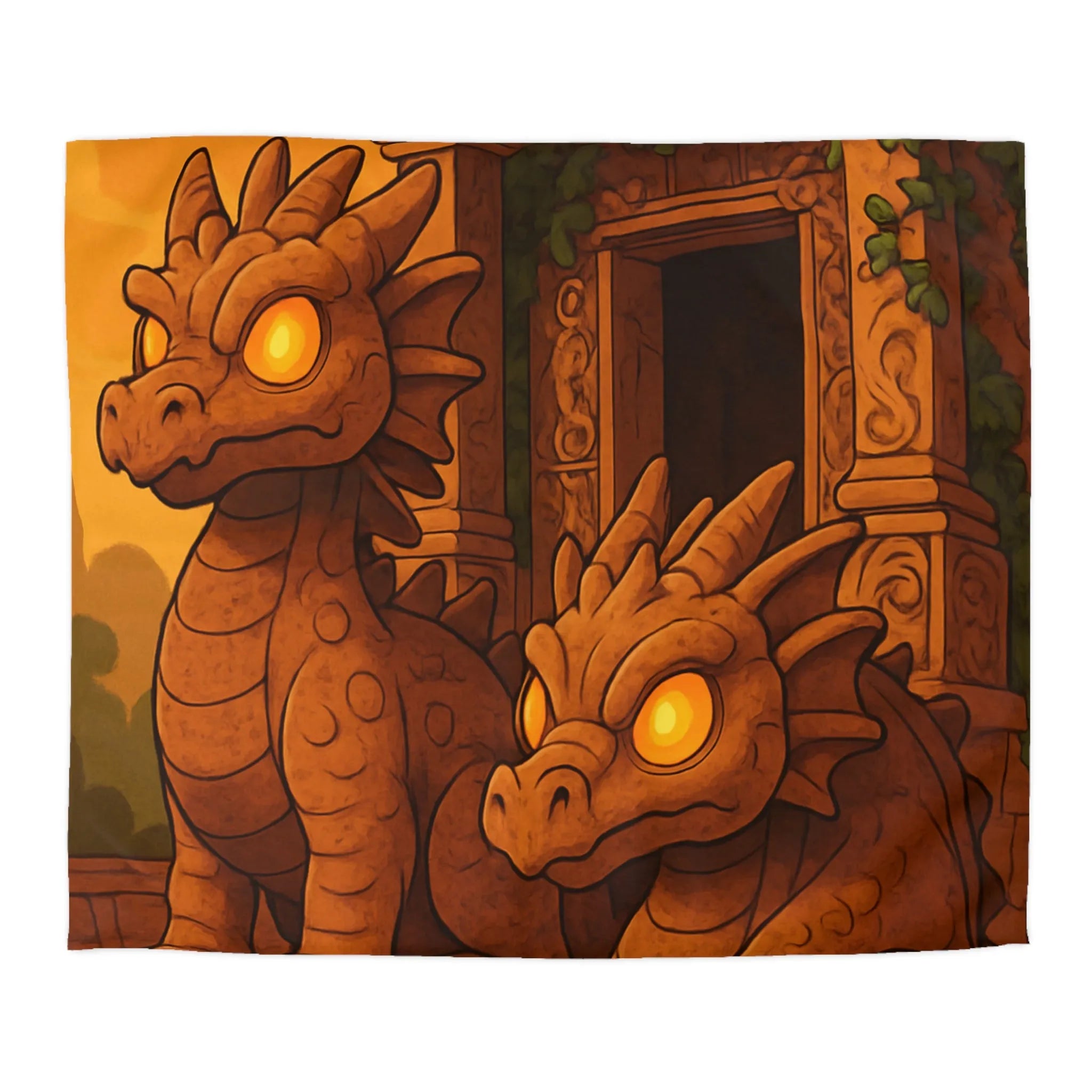 Housse de couette avec dragons en pierre ornant un temple ancien au crépuscule