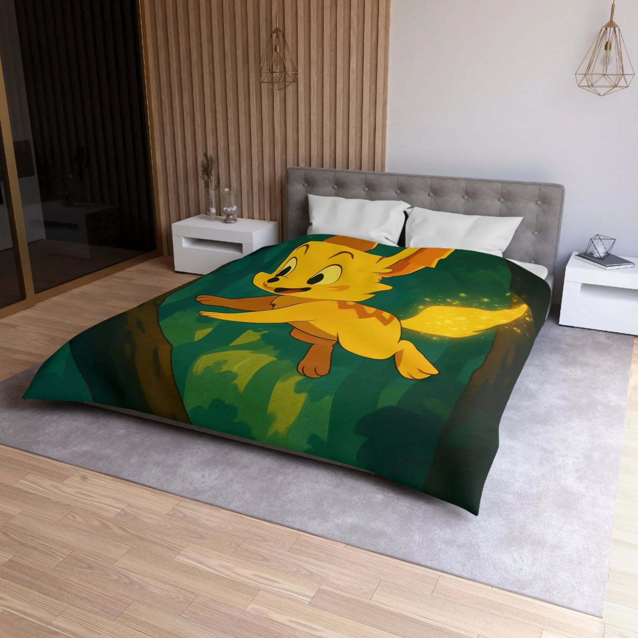 Housse de couette forêt féérique avec créature magique jaune sautant joyeusement à travers les arbres