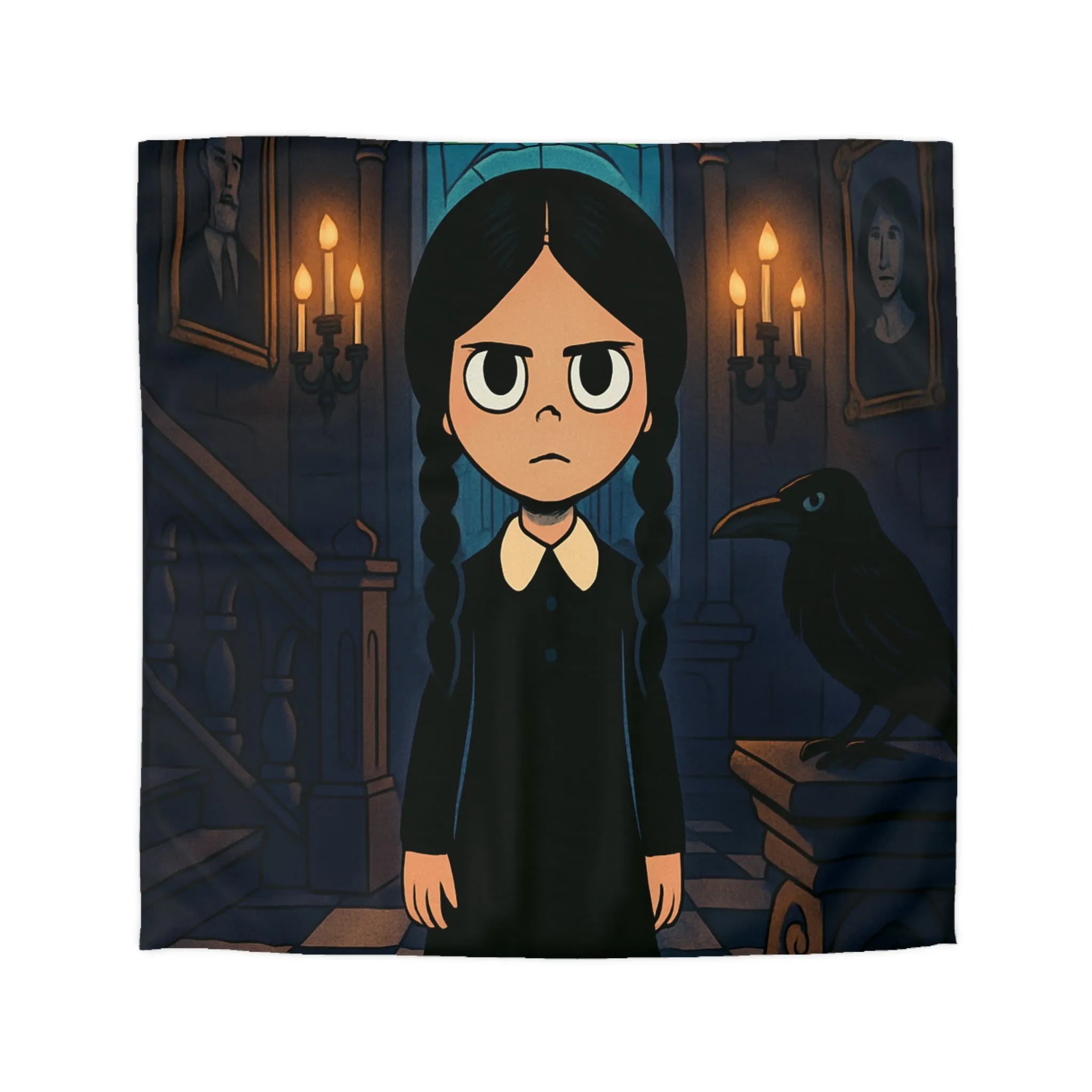 Housse de couette gothique avec motif enfant et corbeau, ambiance colorée et mystérieuse