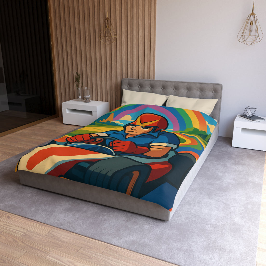 Housse de couette rétro colorée avec pilote de karting sous un arc-en-ciel vibrant