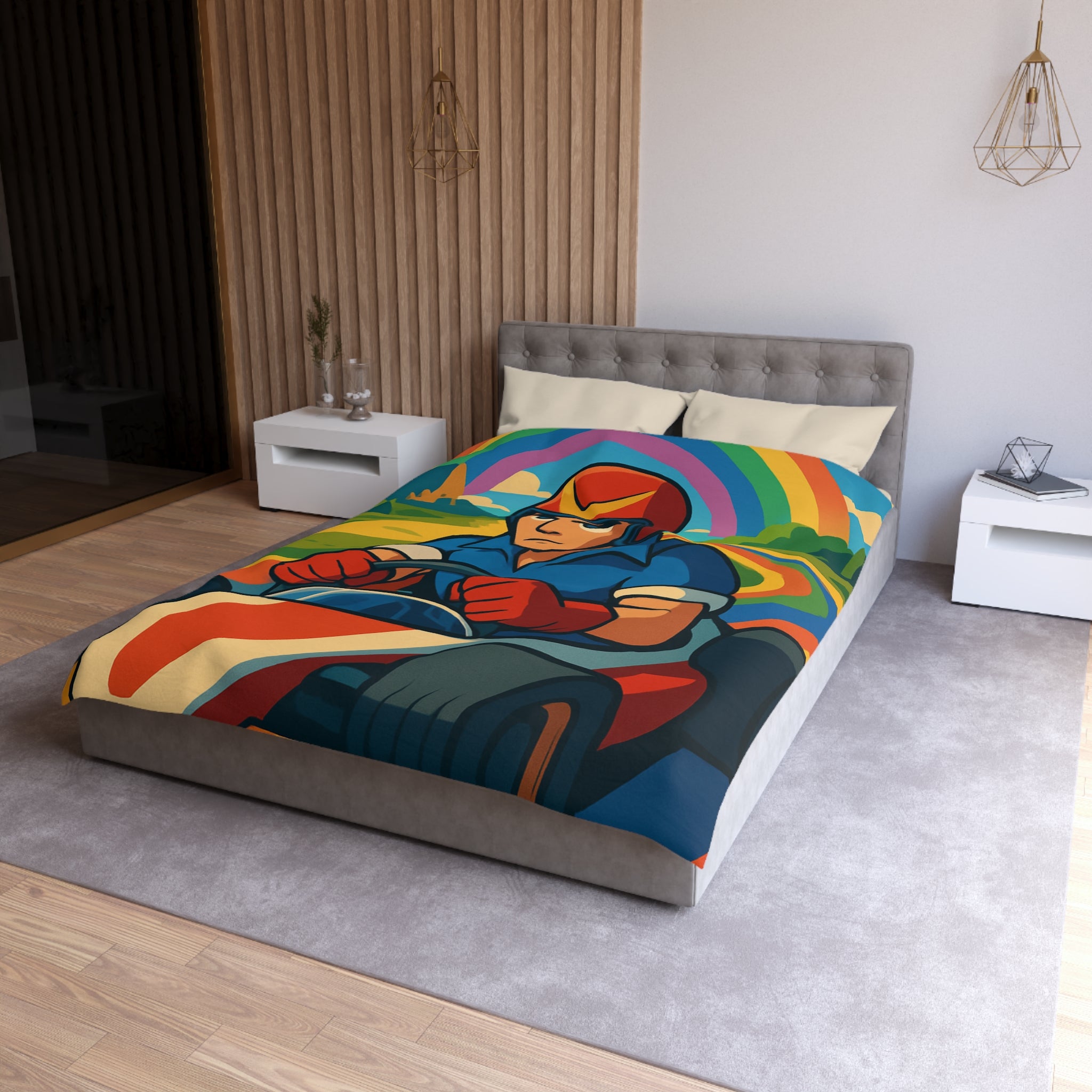 Housse de couette rétro colorée avec pilote de karting sous un arc-en-ciel vibrant