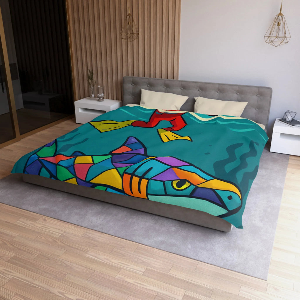 Housse de couette colorée avec plongeur effrayé et requin multicolore