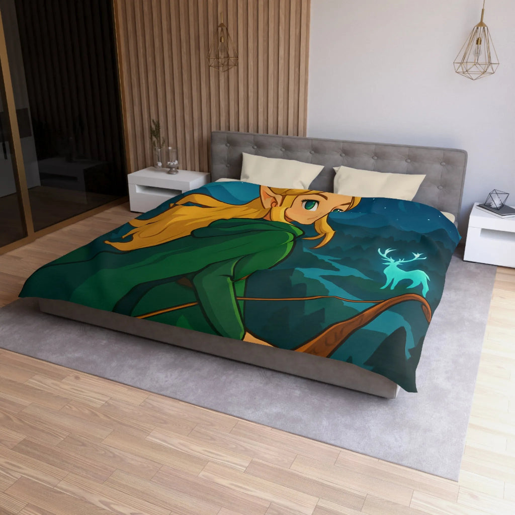 Housse de couette avec elfe archère, cerf lumineux, forêt montagneuse et ciel étoilé