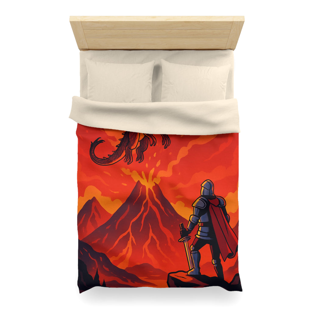 Imposant dragon rouge volant sur volcan en fusion, chevalier en armure contemplatif