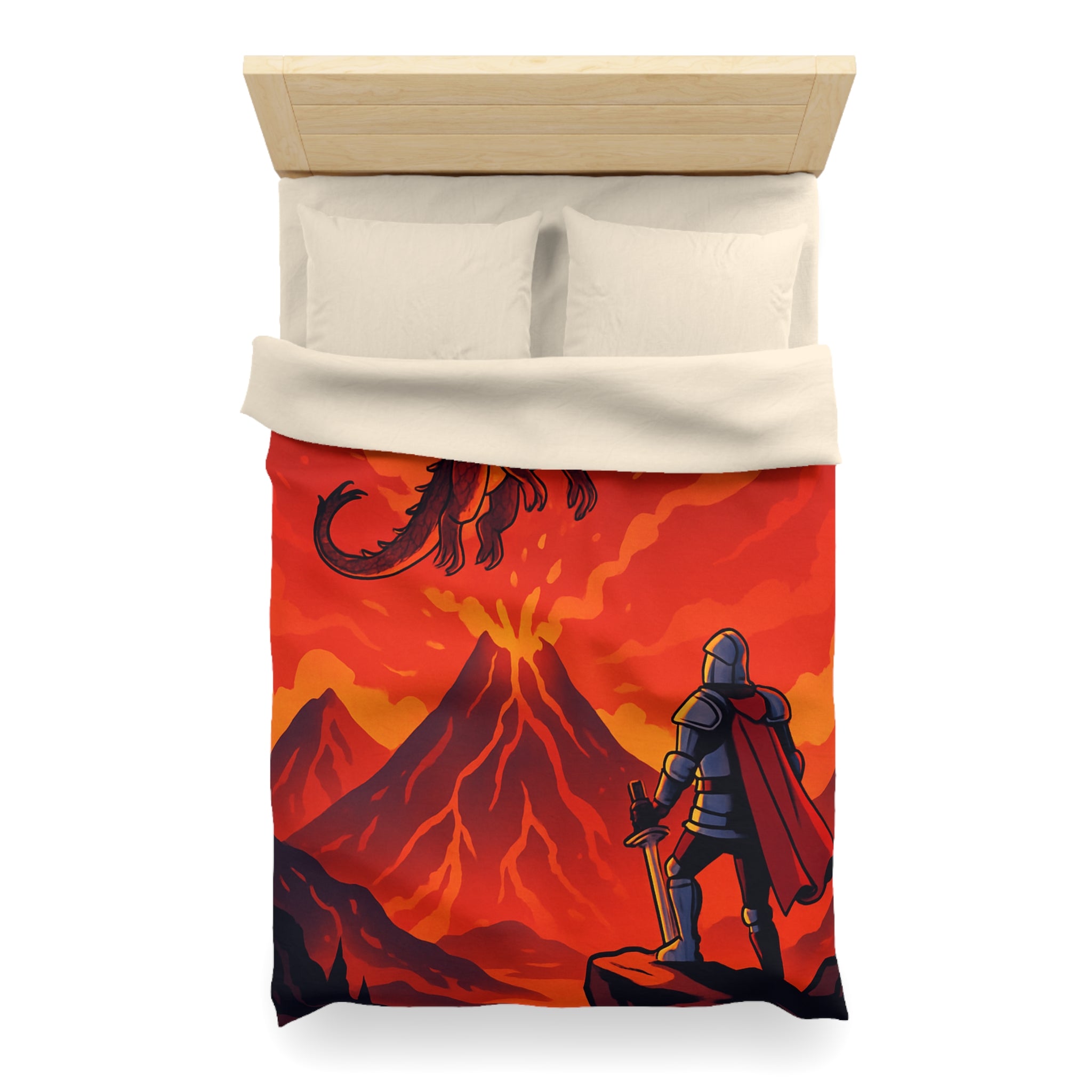Imposant dragon rouge volant sur volcan en fusion, chevalier en armure contemplatif