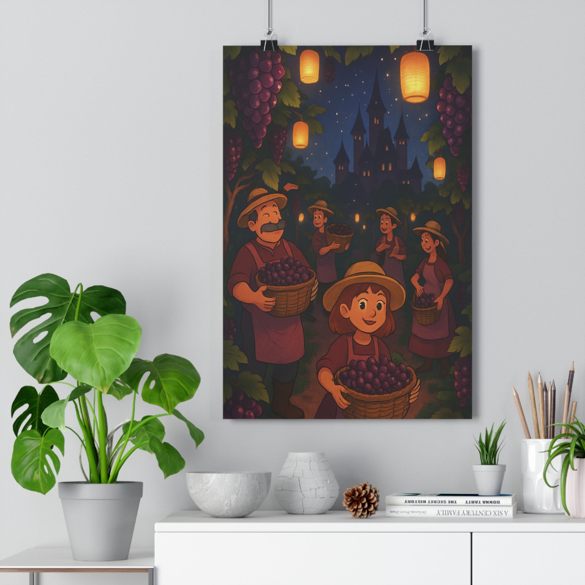 Poster décoratif cartoon féerique raisin vendange lumineux mystique salon chambre enfant affiche colorée ambiance