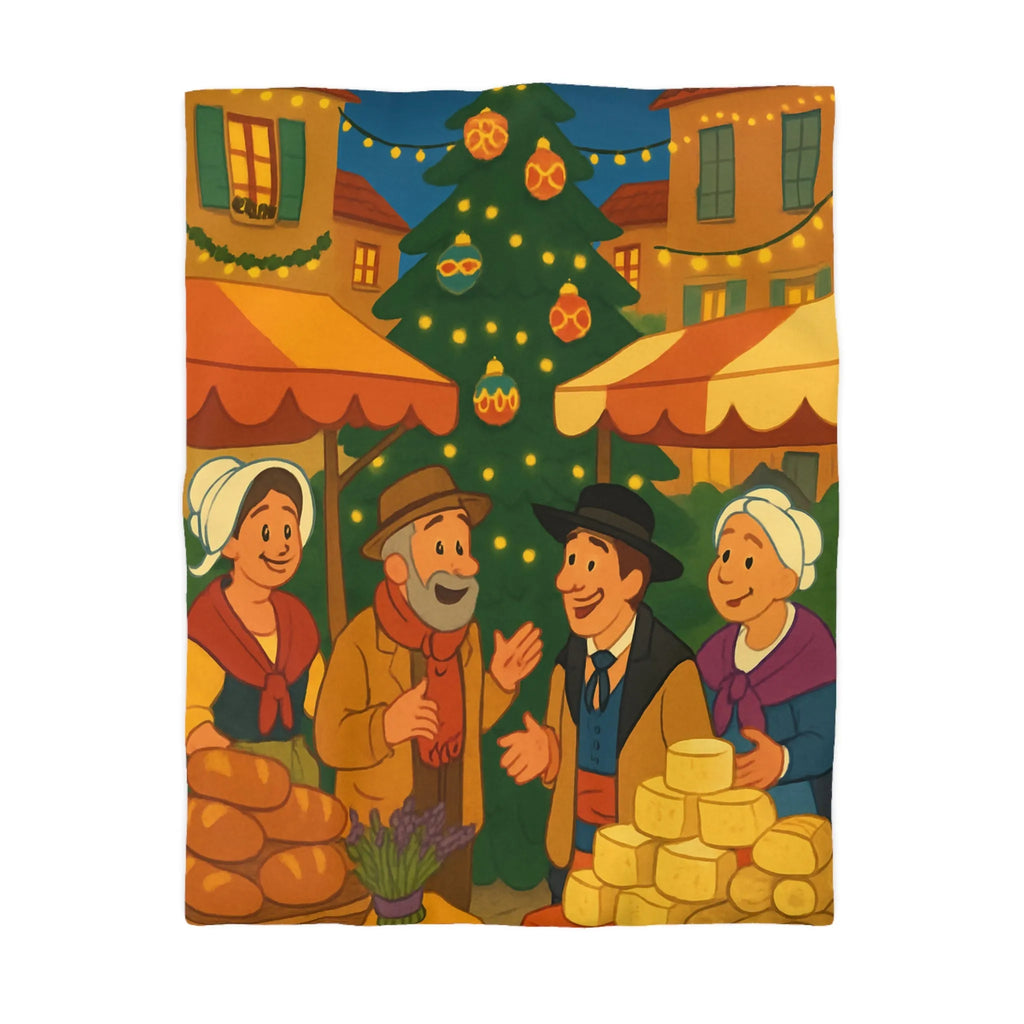 Housse de couette festive avec marché de Noël et sapin illuminé au village