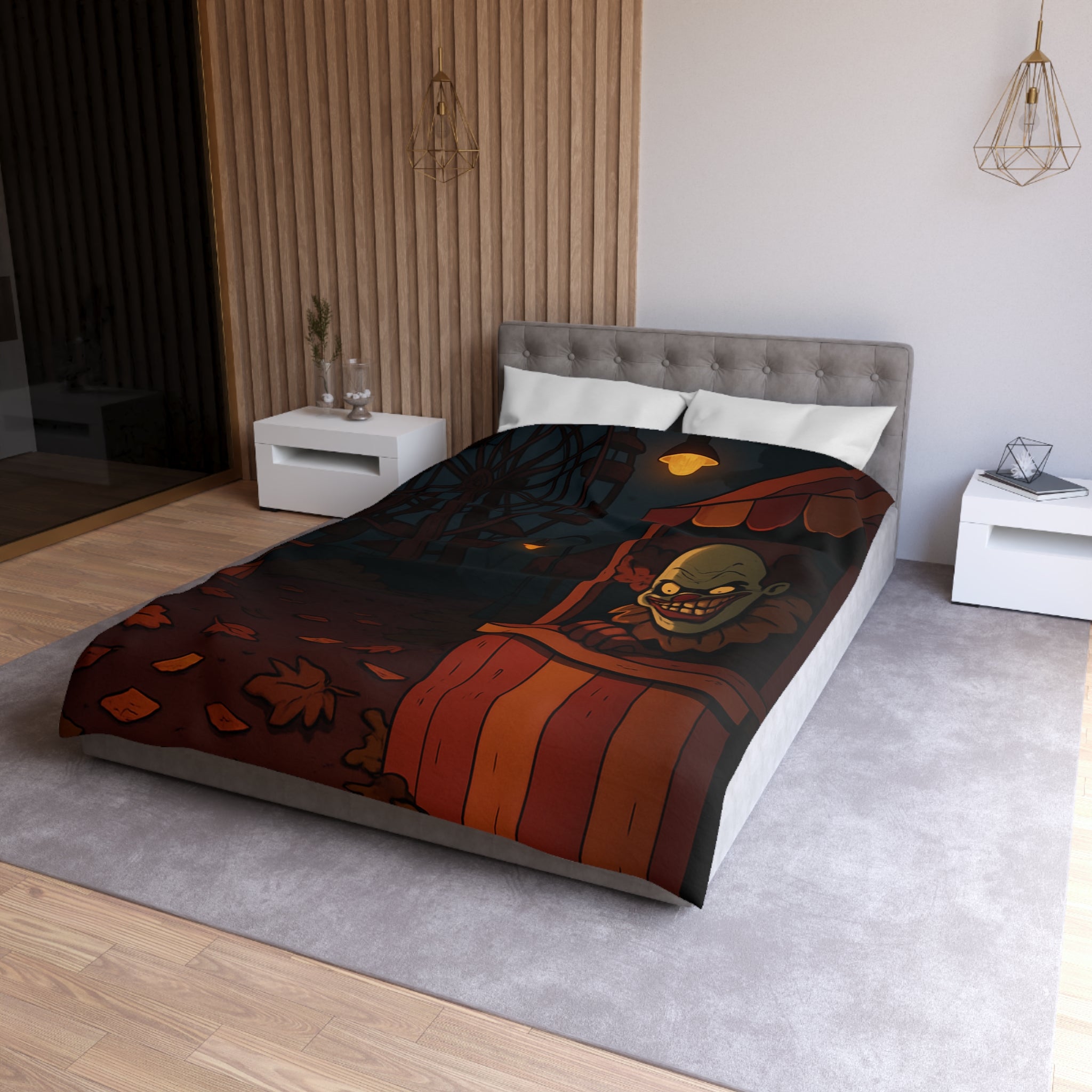 Housse de couette terrifiante avec clown sinistre et grande roue inquiétante la nuit