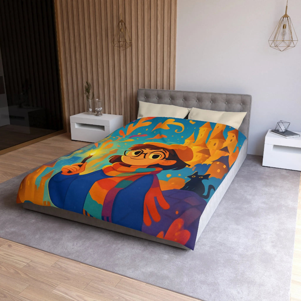 Housse de Couette Éclatante: Jeune Magicienne aux Couleurs Vives et Château Mystérieux