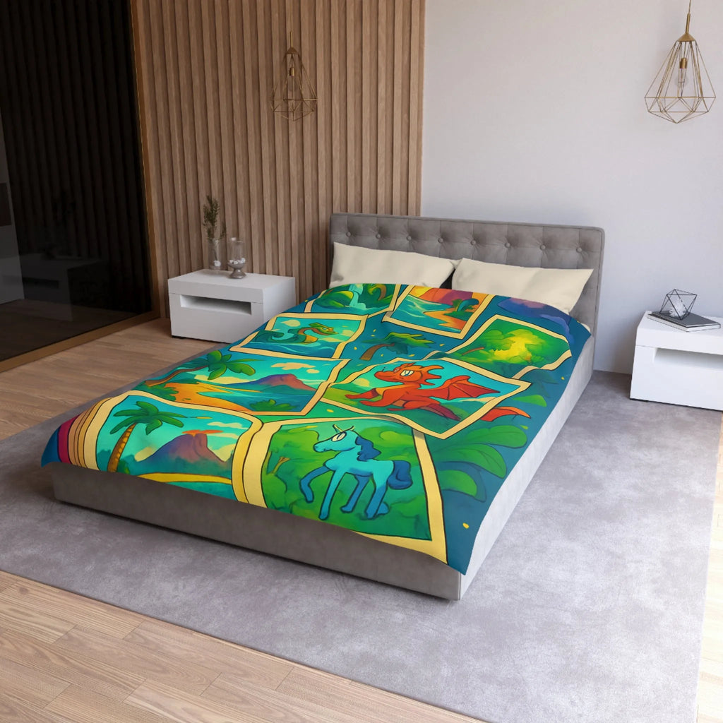 Housse de couette avec illustrations magiques de dragons, licornes et paysages enchanteurs